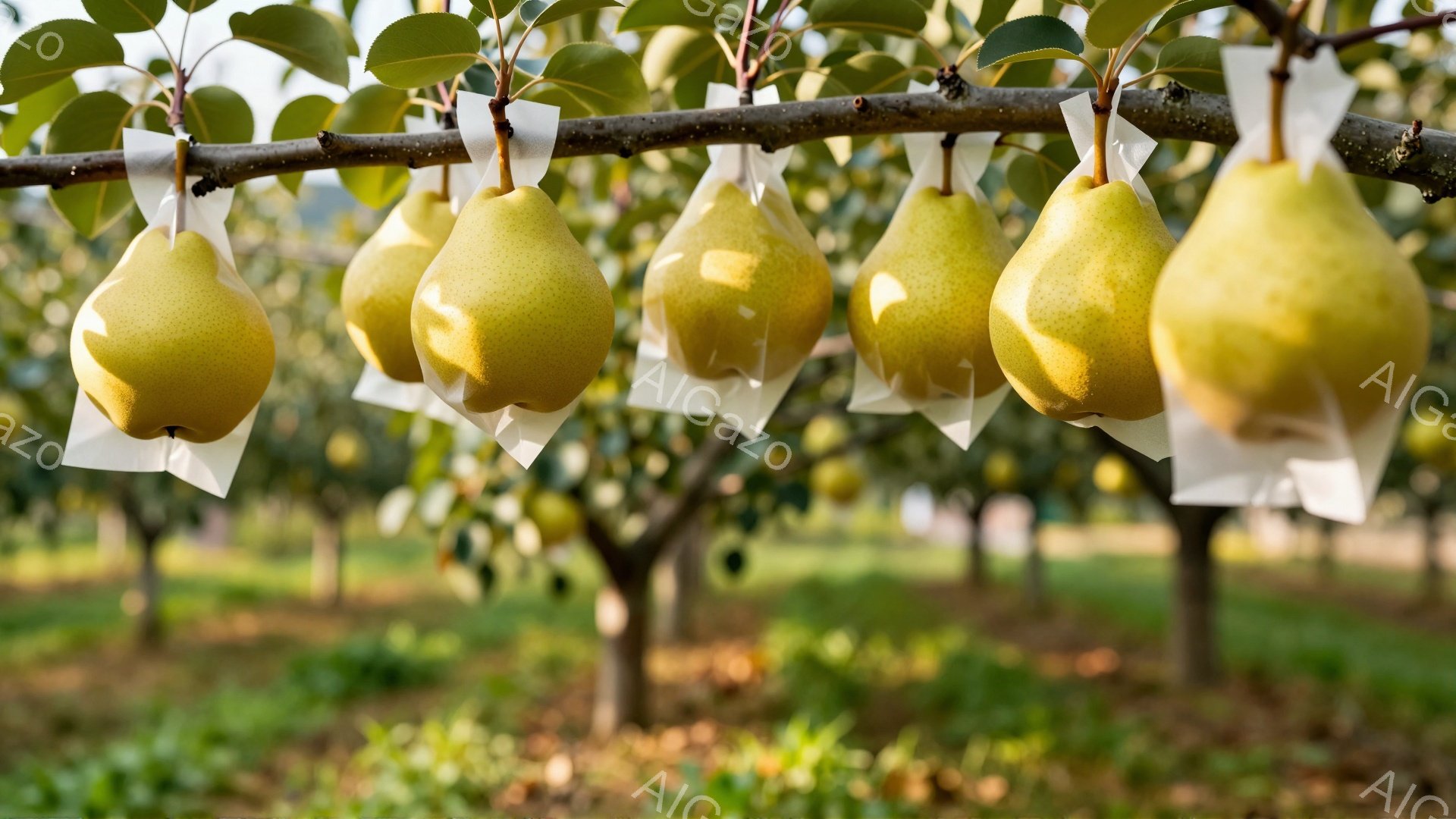 梨の木には、一つ一つ白い袋で覆われた熟れた梨がたわわに実っています。背景には緑豊かな庭園が広がり、他の梨の木々も見えます。全体的に、穏やかで平和な農園の雰囲気が伝わってきます。
