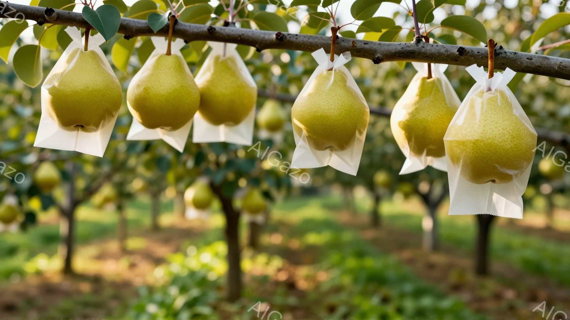画像は梨の木に実った梨が、一つ一つ白い袋で覆われている様子を捉えています。背景には他の梨の木々が並び、緑豊かな風景が広がっており、穏やかな日差しが全体を照らしています。梨は瑞々しく、収穫前の希望に満ちた雰囲気が漂っています。