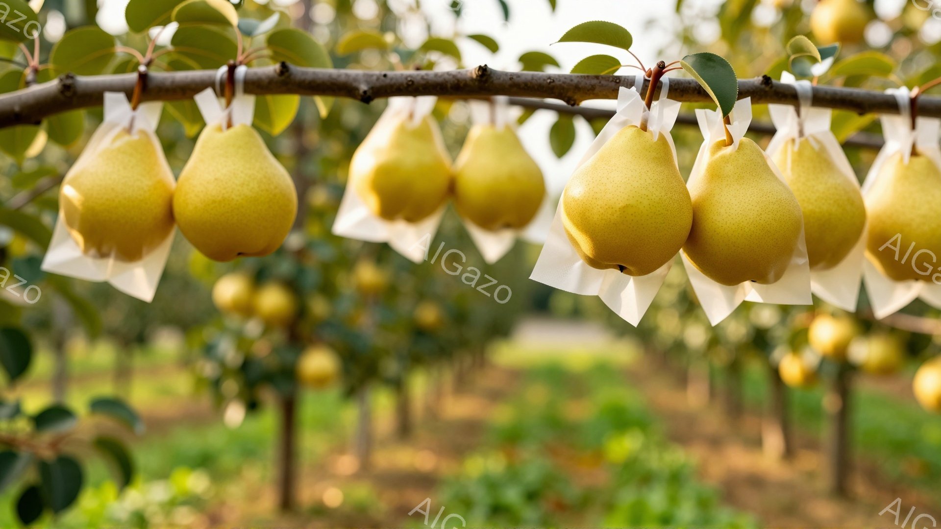 梨の木に実った黄色い梨が、一つ一つ透明な袋で覆われている様子が写っている。背景には緑豊かな果樹園が広がり、太陽の光が降り注いでいる穏やかな晴天の日である。梨は豊作を予感させるほど多く、丁寧に育てられていることが窺える。
