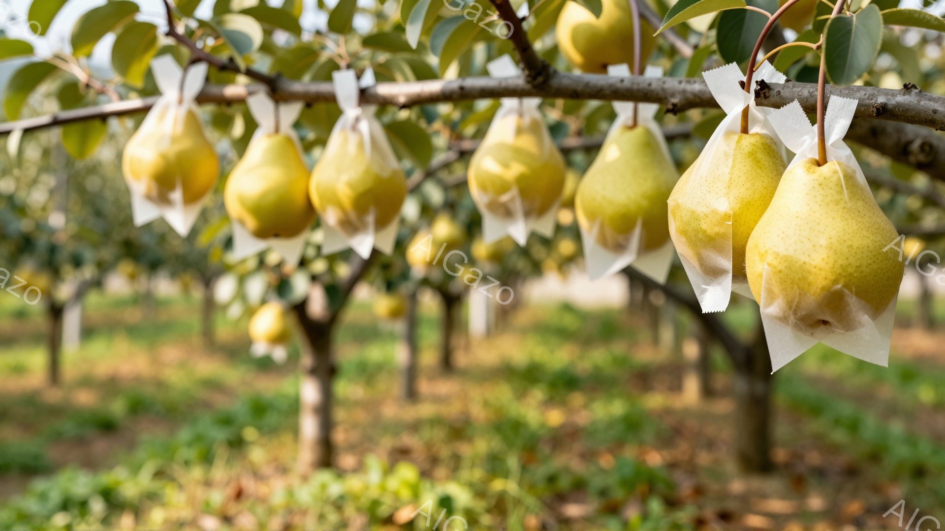 梨の木が並び、それぞれの梨に白い紙の袋がかぶせられています。背景には、緑色の草が生い茂り、他の梨の木々が遠くまで続いており、秋の収穫の雰囲気が漂います。穏やかな日差しが梨を照らし、全体的に暖かく、平和な印象を与えます。