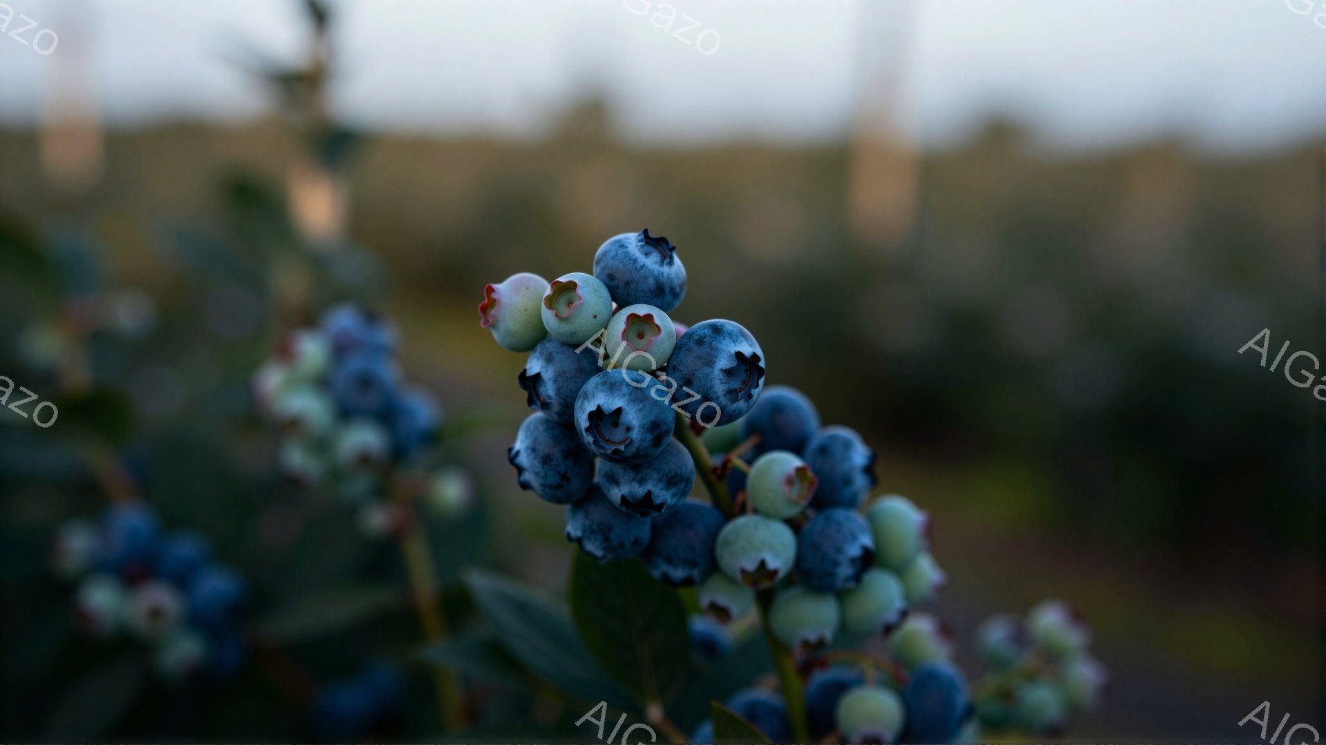 画像は、青い実がたくさんついたブルーベリーの枝をクローズアップしたものです。背景はぼやけており、秋の夕暮れのような、または曇り空の下の農園のような、ソフトフォーカスで落ち着いた雰囲気です。全体的に、収穫の喜びや自然の恵みを表現しているかのような、穏やかな印象を与えます。