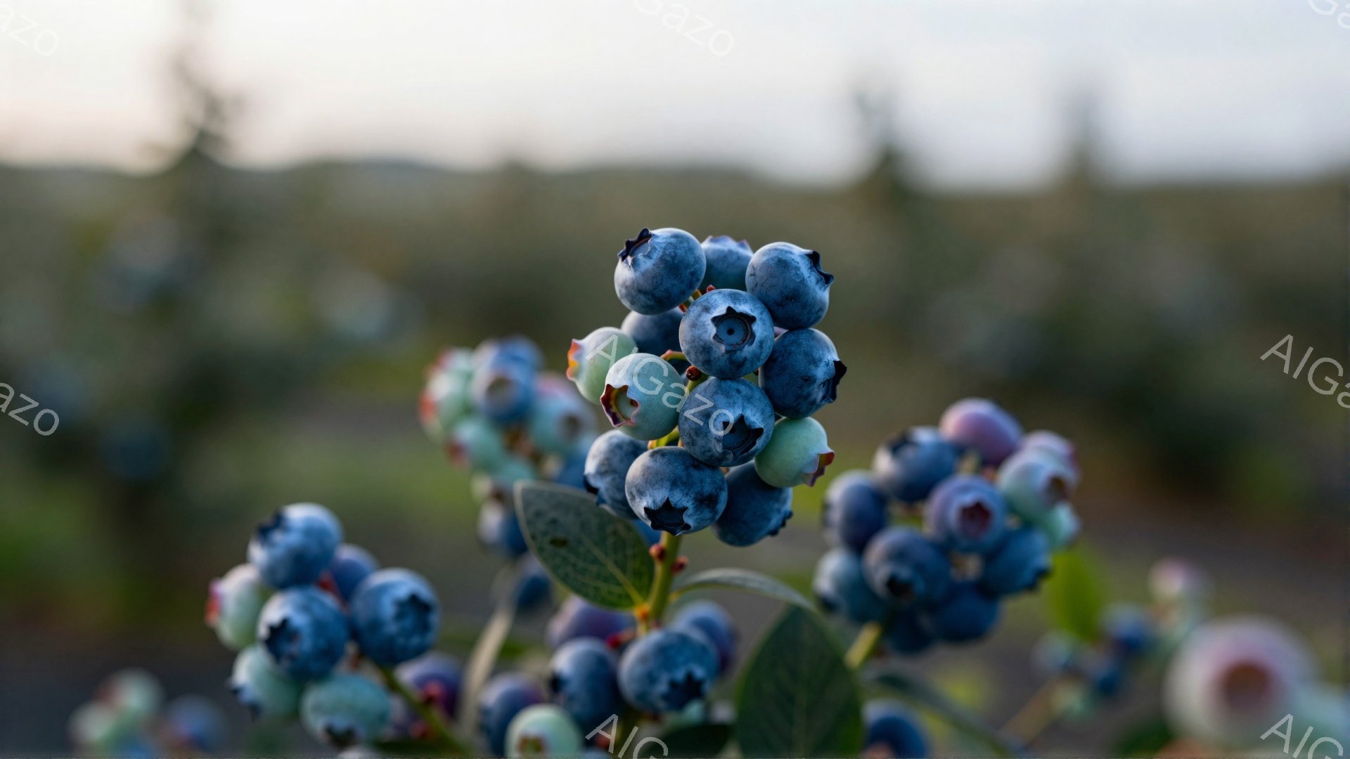 鮮やかな青色のブルーベリーが密集して枝に実っており、一部は赤みを帯びて未熟な状態を示している。背景は緑豊かな自然で、ぼやけた表現が奥行きを強調している。全体的に、収穫前の果実の瑞々しさと自然の穏やかな雰囲気が感じられる。