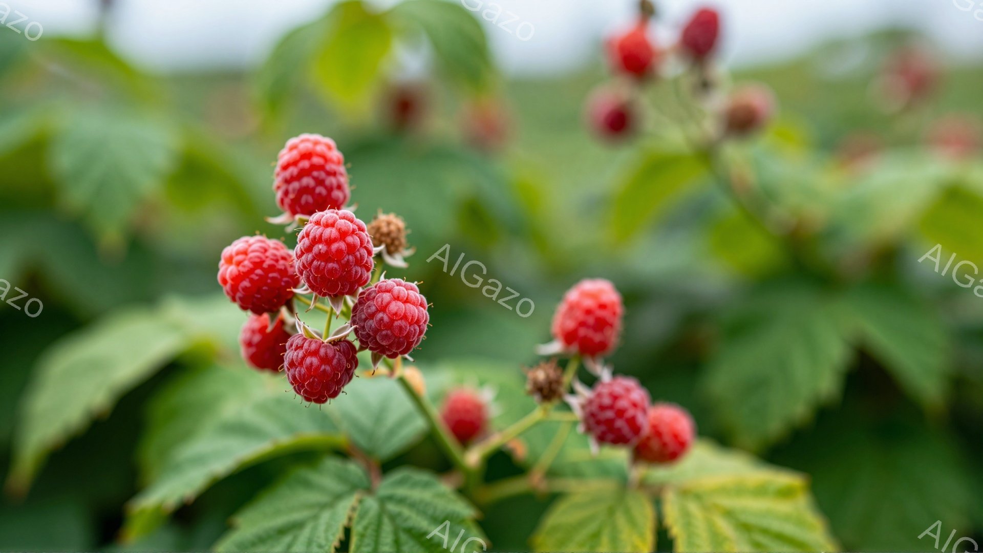 鮮やかな赤いラズベリーが、緑の葉に囲まれて咲き誇っています。焦点の合っているラズベリーは実が大きく、他のラズベリーは背景にぼやけており、奥行きを感じさせます。全体的に、自然の恵みを感じさせる、明るく穏やかな雰囲気です。