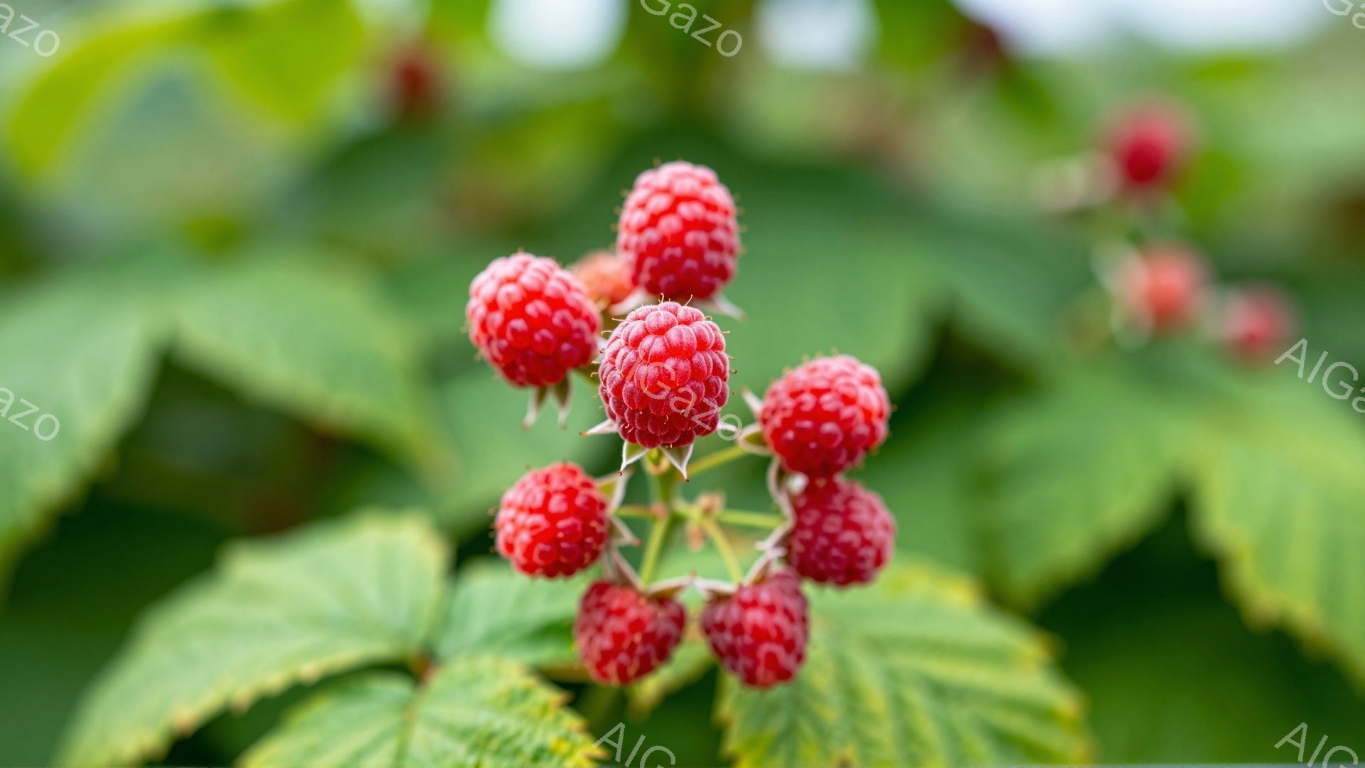 鮮やかな緑の葉に、熟した赤いラズベリーが実っている様子が写っている。ラズベリーは丸みを帯びており、表面には小さな突起が見える。背景にはさらに多くの葉がぼやけて写っており、自然豊かな環境を思わせる。 - AI生成フリー素材