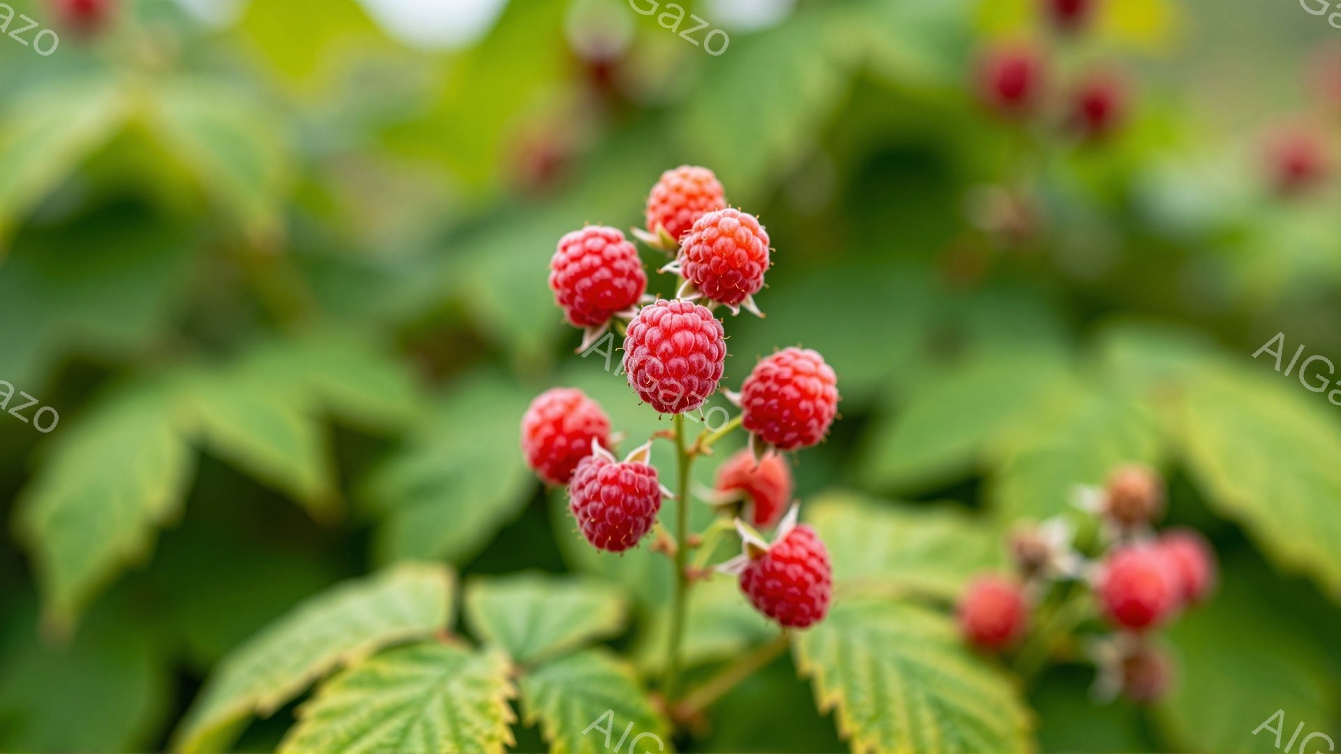 鮮やかな緑の葉に、熟した赤いラズベリーが房になって実っています。葉脈がはっきりとしており、葉の表面には細かい毛が見られます。背景は同様の緑葉でぼやけており、自然の中で採れたばかりの新鮮なベリーの雰囲気 - AI生成フリー素材