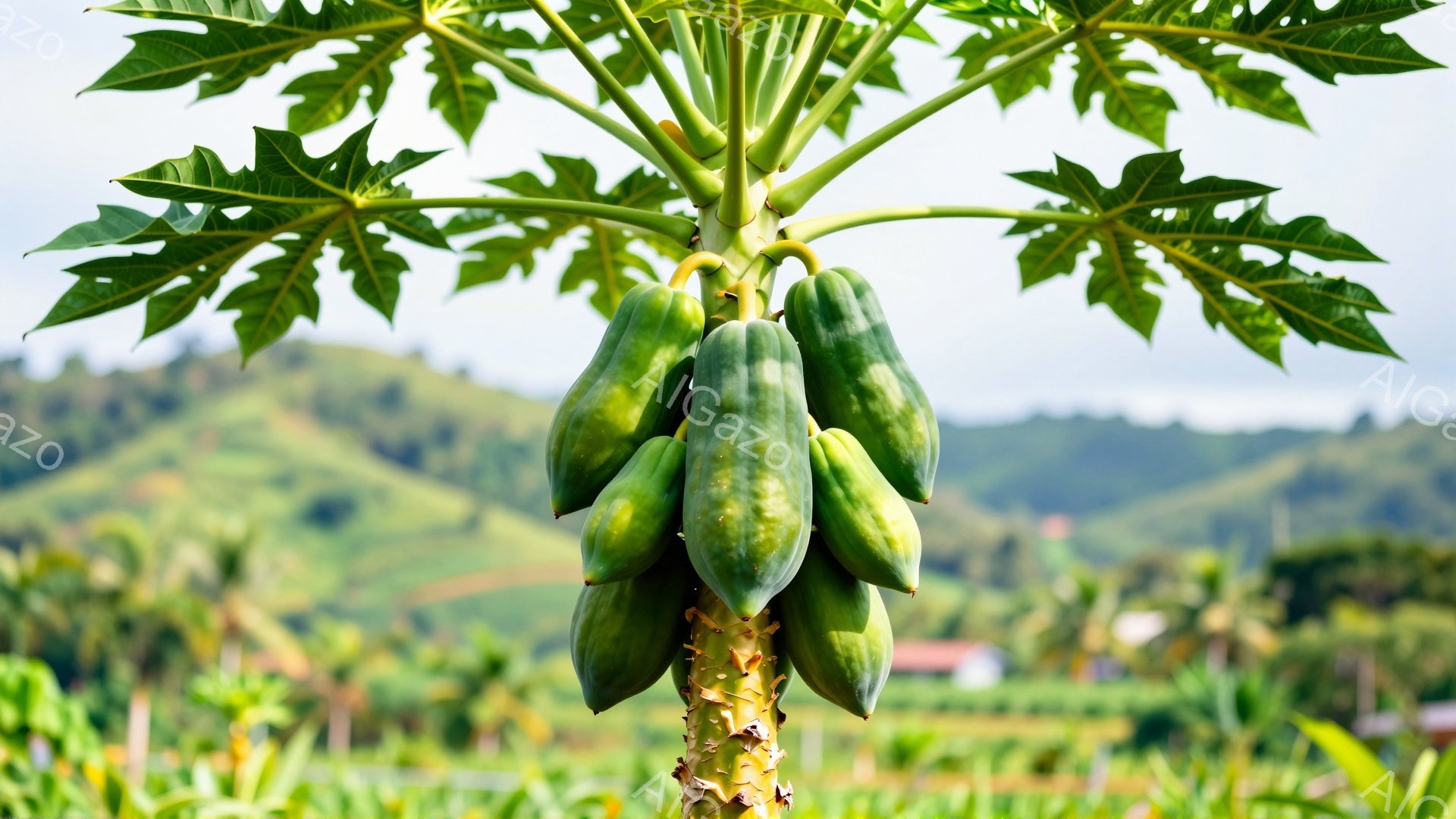 パパイヤが実をつけ、青々とした葉に囲まれている様子が写っている。背景には緑豊かな丘陵地帯と農地が広がり、穏やかで暖かい日差しが感じられる。全体的に自然豊かで、のどかな田園風景が印象的である。 - AI生成フリー素材