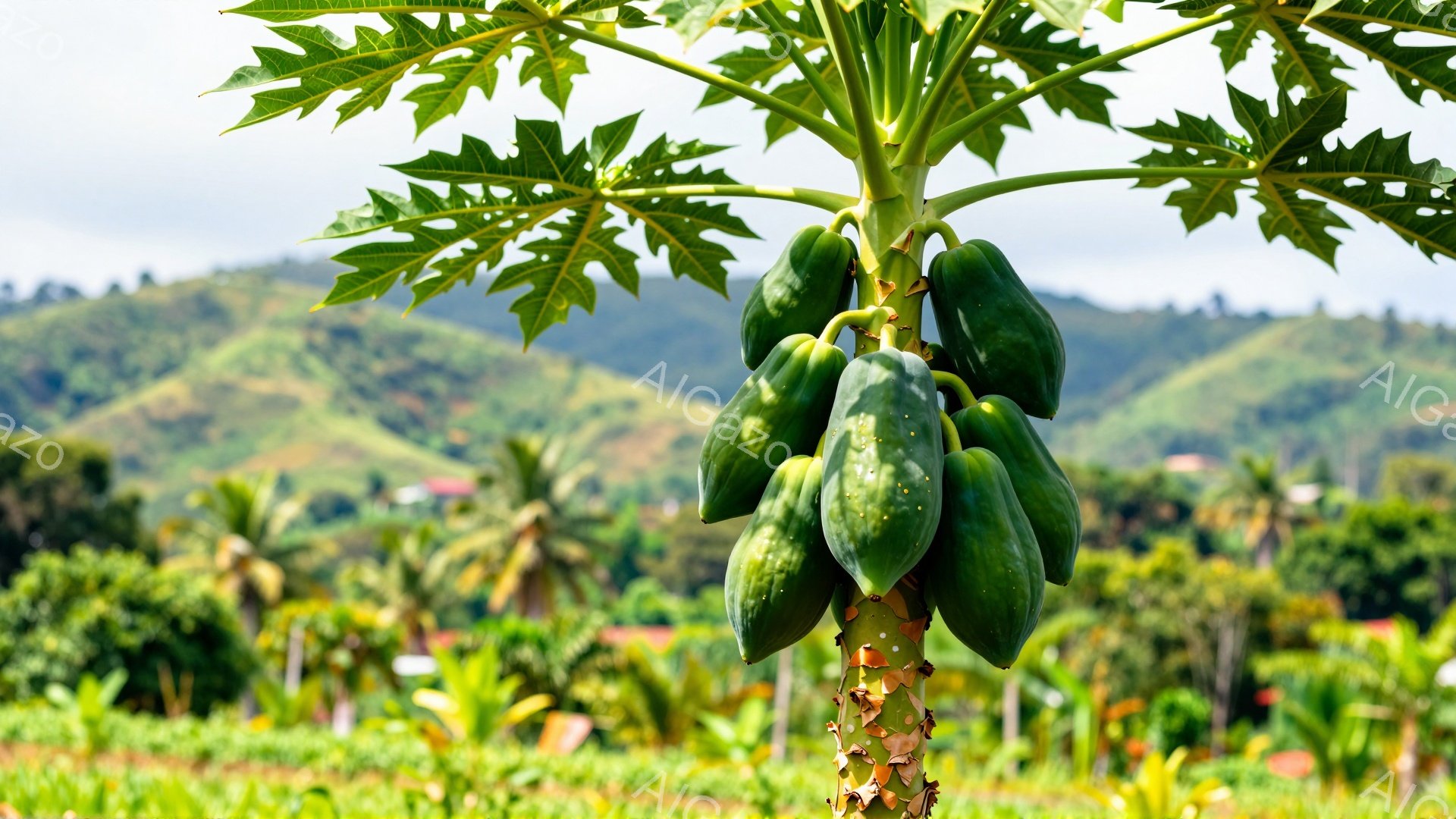 パパイヤの木が、緑豊かな丘陵地帯を背景にそびえ立っています。木には、まだ緑色の実がいくつか房になっており、茎は独特の模様を持っています。背景には、農地や他の植物が見え、晴れた日の穏やかな雰囲気が感じら - AI生成フリー素材