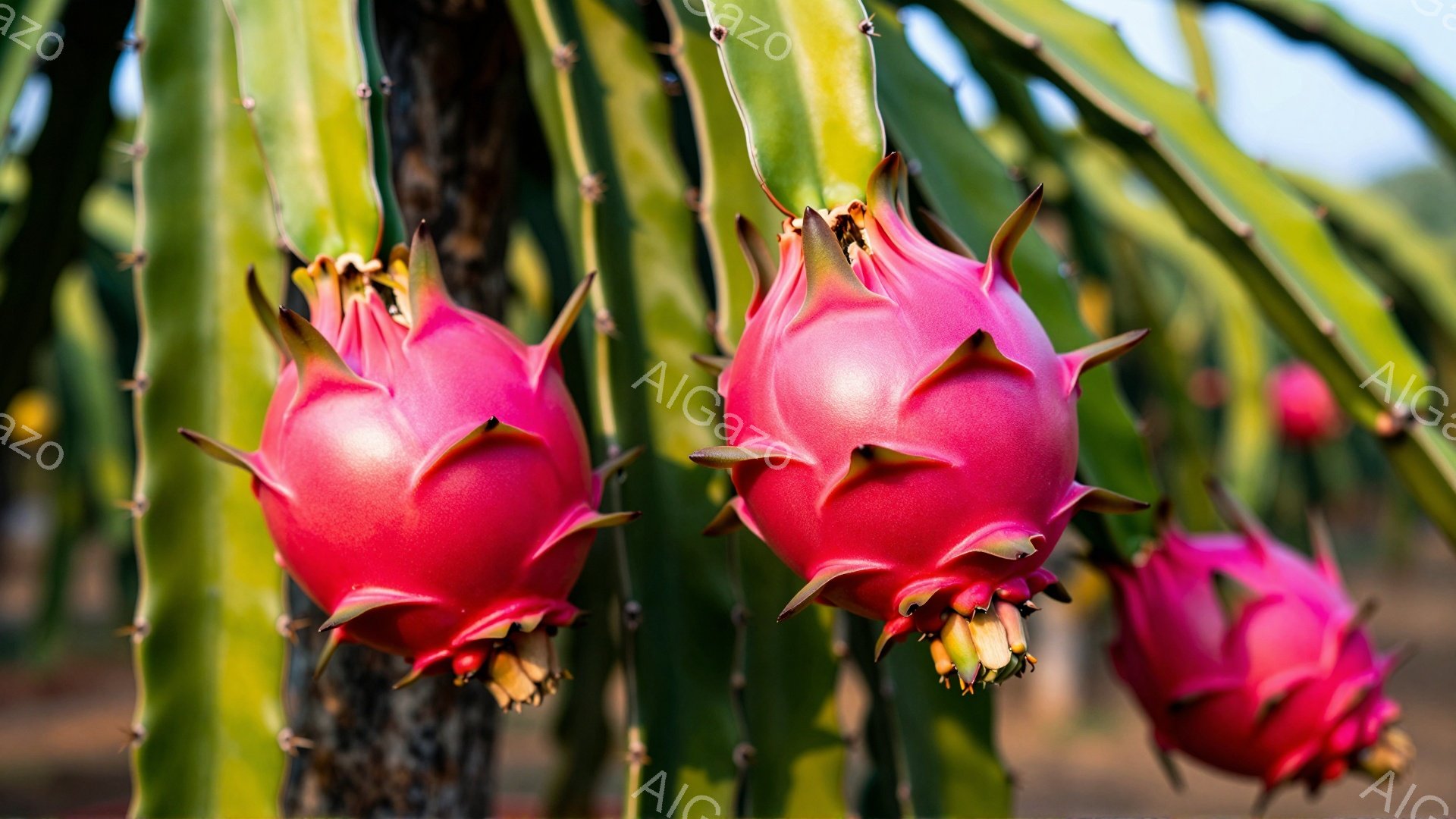 鮮やかなピンク色のドラゴンフルーツが、緑色の多肉質の茎に密集してぶら下がっている。背景はぼやけた緑の植物と、遠くに見える茶色の田園風景で、日中の明るい自然光が全体を照らしている。この画像は、エキゾチッ - AI生成フリー素材