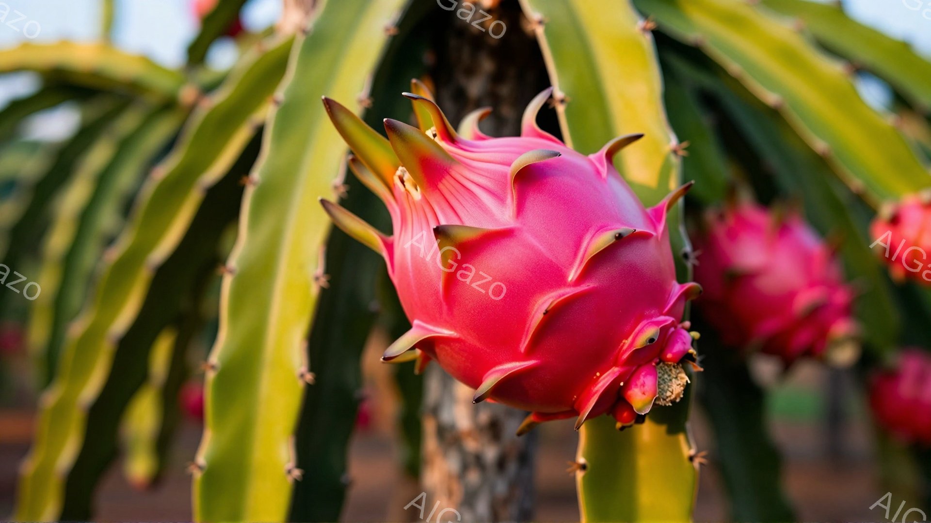 鮮やかなピンク色のドラゴンフルーツが、緑色のサボテンの茎に囲まれて大きく写っています。フルーツは特徴的なトゲを持ち、つぼみの部分には黄色い花弁が覗いています。背景にはぼやけたサボテンや植物が見え、屋外の日光の下で撮影された温かみのある雰囲気です。