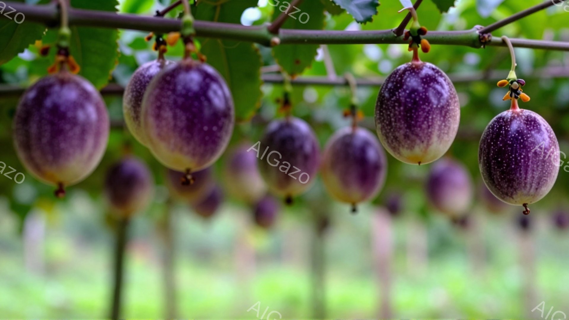 パッションフルーツが蔓に実っている様子をクローズアップで捉えた写真です。紫と黄色のまだら模様の果実は、緑の葉と蔓に囲まれ、太陽の光を浴びて艶やかに輝いています。背景はぼやけた緑色で、果実が際立っており、穏やかで自然な雰囲気が漂います。