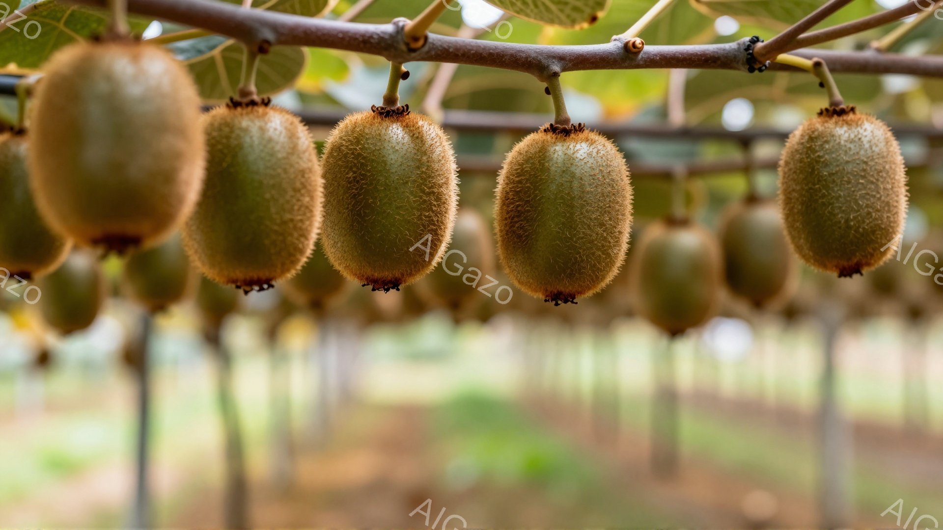 画像には、キウイフルーツが密集してぶら下がっている様子が写っています。キウイフルーツは茶色の毛に覆われ、まだ熟していない緑色の色合いをしています。背景にはキウイの木と緑豊かな葉がぼやけており、農園や果樹園のような雰囲気を示しています。