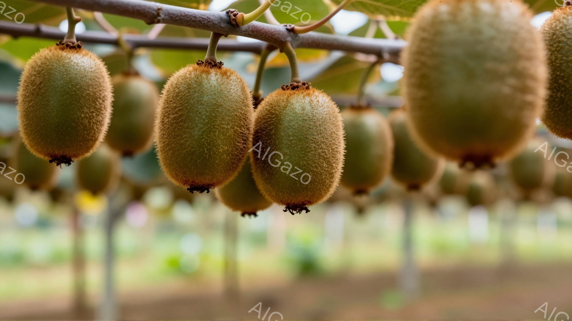 褐色の蔓に、緑と茶色の毛むくじゃらのキウイフルーツが密集してぶら下がっている様子が写っている。背景はぼやけた緑で、キウイの栽培園であることがわかる。全体的に自然光が柔らかく、実りの秋の穏やかな雰囲気が漂っている。