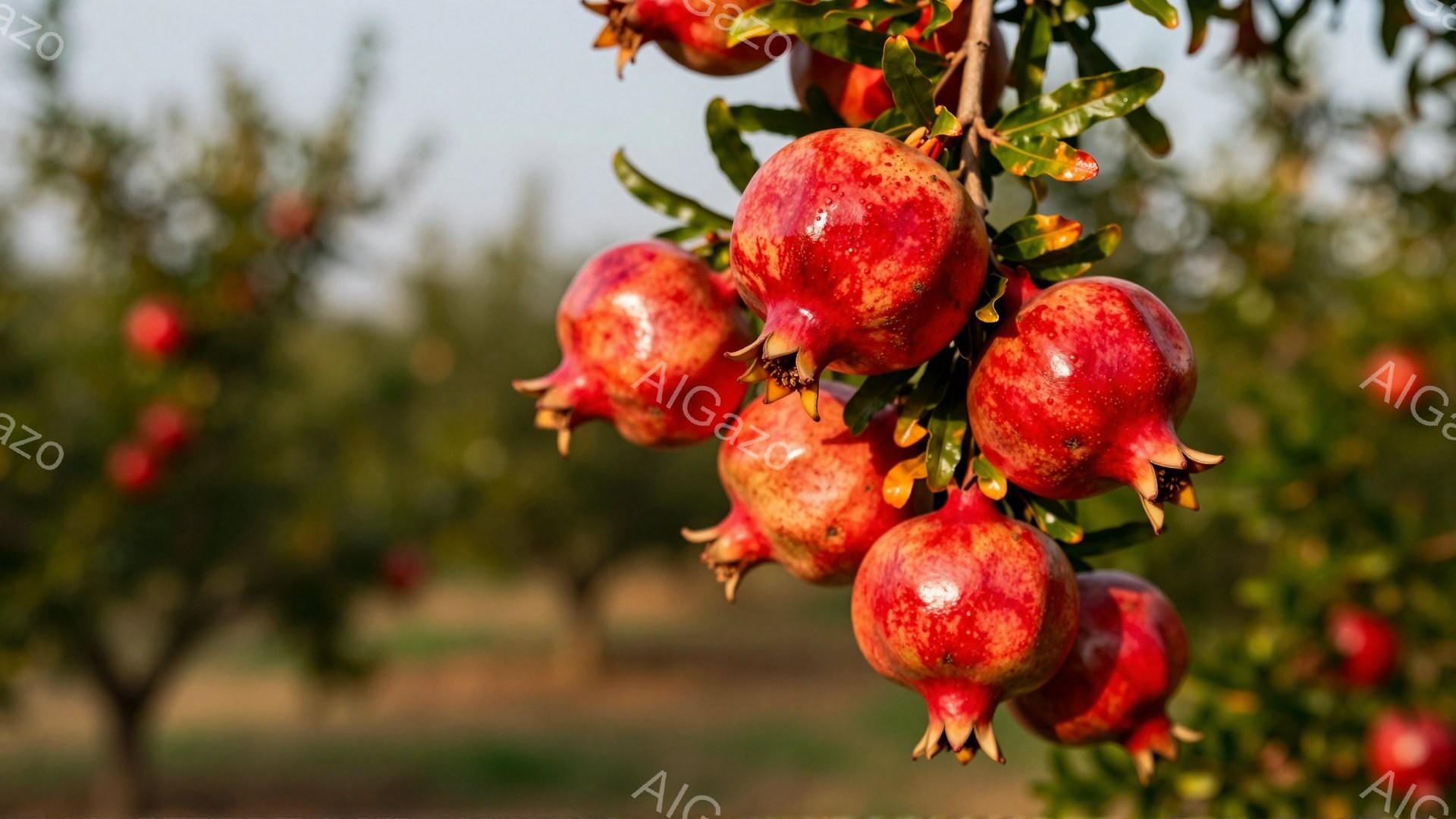 鮮やかな赤いザクロが枝に実り、葉とのコントラストが美しい。背景にはザクロの木々が広がり、穏やかな自然の風景が広がっている。全体的に暖かく、実りの秋を感じさせる雰囲気である。 - AI生成フリー素材
