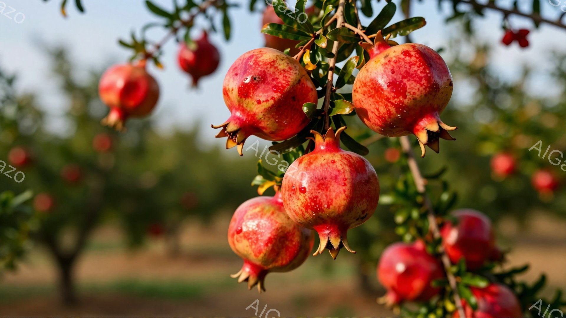 鮮やかな赤いザクロが枝に実り、その豊かな色彩が目に飛び込んできます。背景にはぼやけた緑の葉と茶色の土が見え、果樹園の穏やかな風景が広がっています。全体的に、太陽の光を浴びたザクロの生命力と自然の恵みを - AI生成フリー素材
