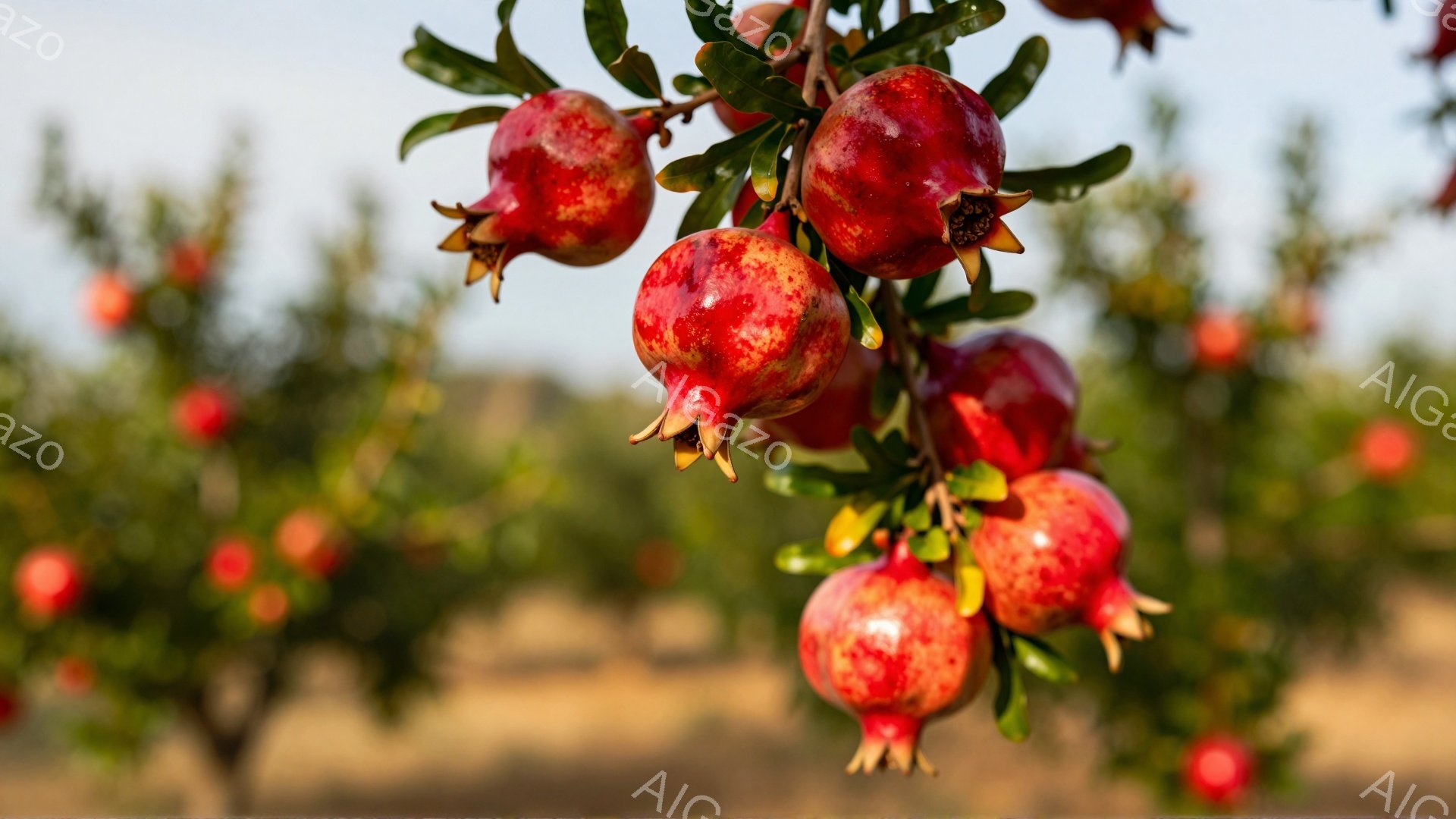 鮮やかな赤いザクロが枝に実り、葉とのコントラストが美しい。背景にはぼやけたザクロの木々が広がり、穏やかな日差しが差し込んでいる。全体的に、豊穣な秋の実りの季節を思わせる、暖かく平和な雰囲気である。 - AI生成フリー素材