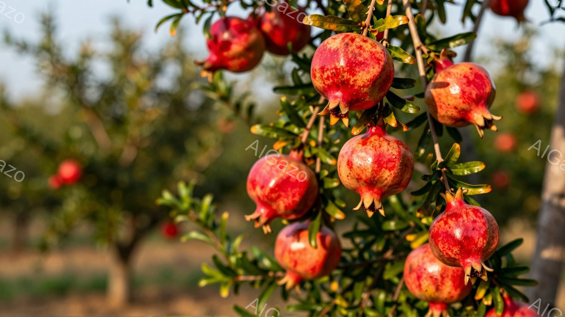 鮮やかな赤いザクロが、緑の葉に囲まれて枝に実っています。背景には他のザクロの木々がぼやけて見え、暖かい日差しが全体を照らしています。全体的に、豊かな自然の中で育つザクロの生命力と、秋の収穫の喜びが感じられる写真です。