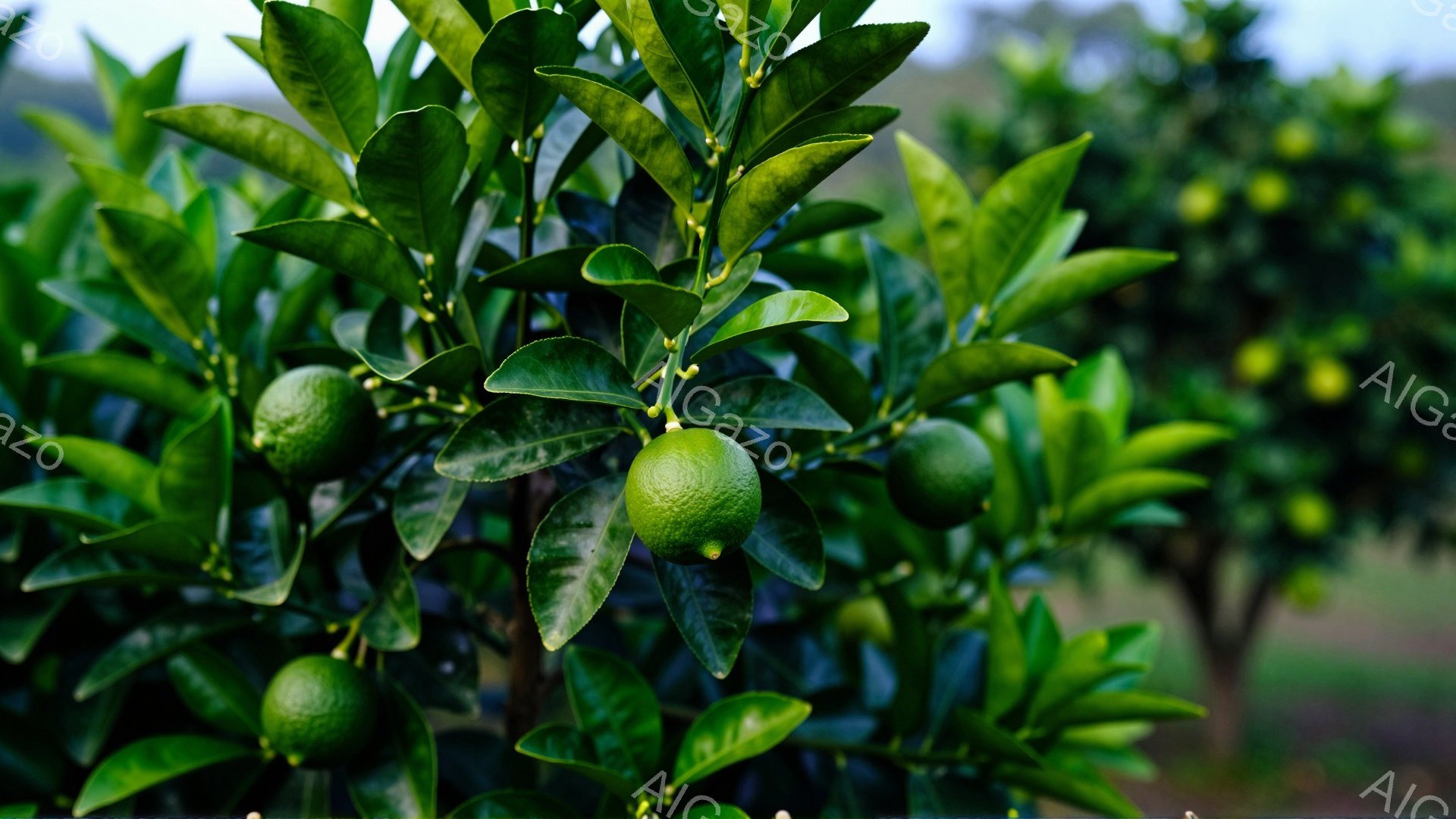 鮮やかな緑色のライムが、濃い緑の葉に囲まれて枝に実っている様子が捉えられています。背景には他のライムの木々がぼんやりと見え、自然豊かな果樹園の一角を思わせます。全体的に光が柔らかく差し込み、ライムの瑞 - AI生成フリー素材