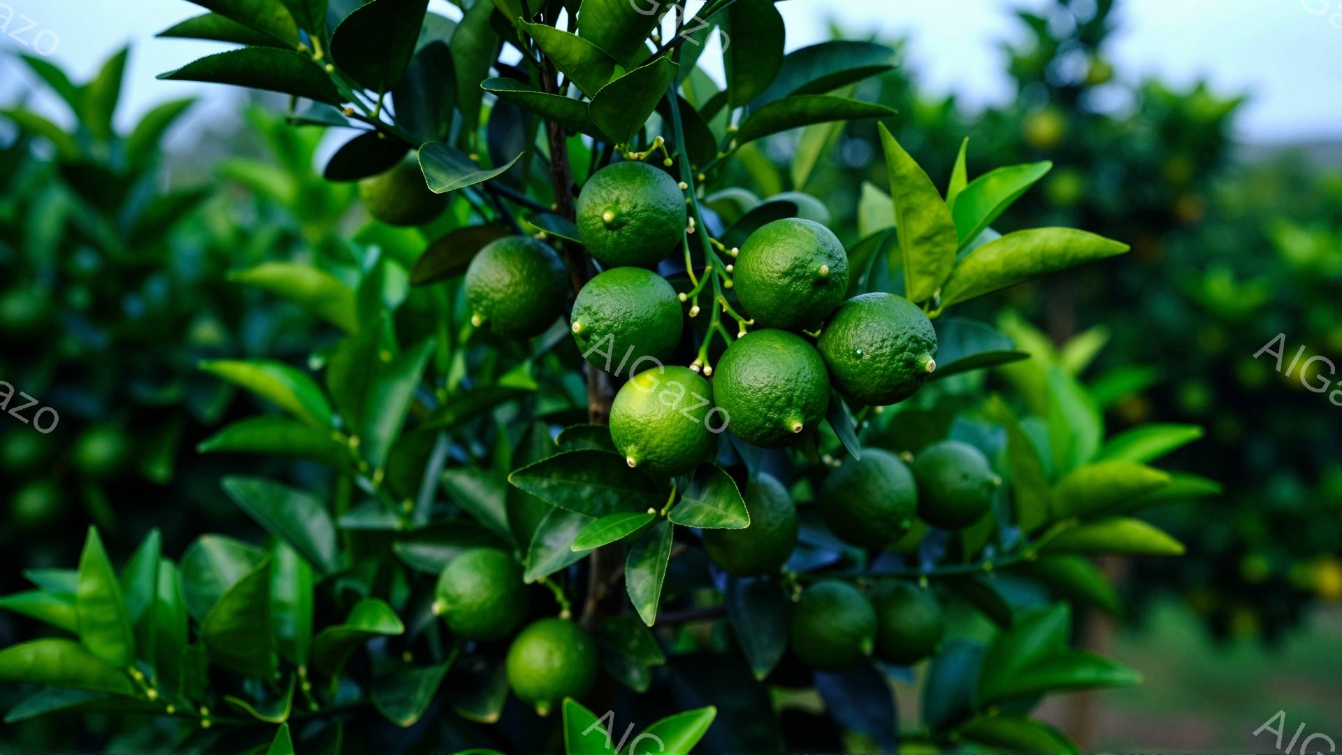 鮮やかな緑色の葉と柑橘類の実が密集した枝が写っています。果実はまだ緑色で、熟す前の状態であることがわかります。背景はぼやけており、自然豊かな農園や庭園の一部のようです。