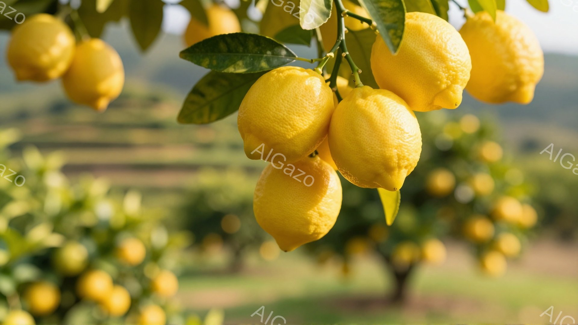 鮮やかなレモンが枝に密集して実っている様子が写っている。背景には緑豊かなレモン畑が広がり、穏やかな日差しが降り注いでいる。全体的に明るく、爽やかな雰囲気で、実りの秋を感じさせる写真である。 - AI生成フリー素材