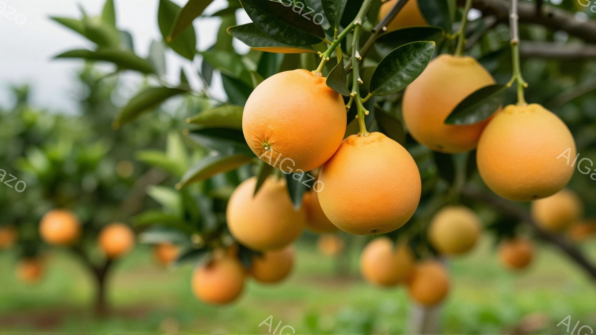 鮮やかなオレンジ色の果実が、緑の葉に囲まれて枝に密集してぶら下がっている様子が写っている。背景はぼやけた緑色の植物で、果樹園のような場所であることがわかる。全体的に暖かく、自然豊かな雰囲気が漂う。 - AI生成フリー素材