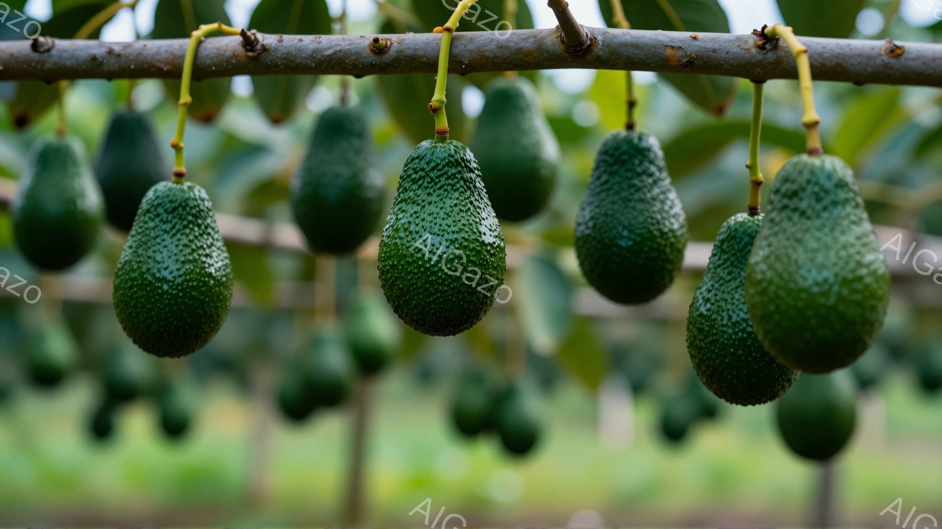 濃い緑色のたくさんのアボカドが木からぶら下がっており、表面には小さな突起が見られます。背景には緑豊かな自然が広がり、ぼやけた緑色の葉や木々が見えます。全体的に、豊かで自然な雰囲気を醸し出しており、アボカドの収穫時期を思わせる光景です。