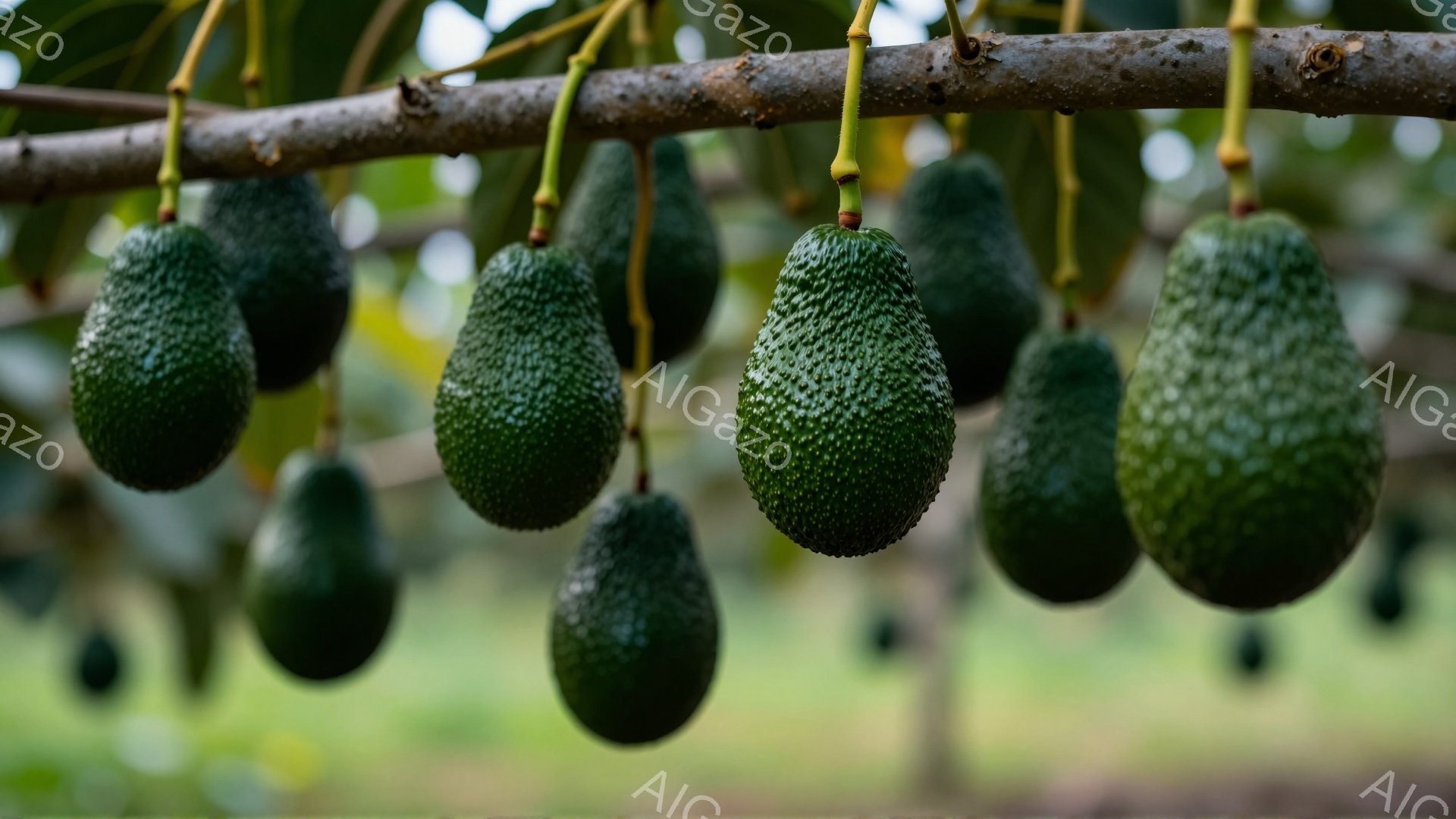 画像には、アボカドの実が枝にたくさんぶら下がっている様子が写っています。実の色は濃い緑色で、表面には小さな突起が見られます。背景はぼやけた緑色で、光が差し込み、穏やかで自然な雰囲気を醸し出しています。