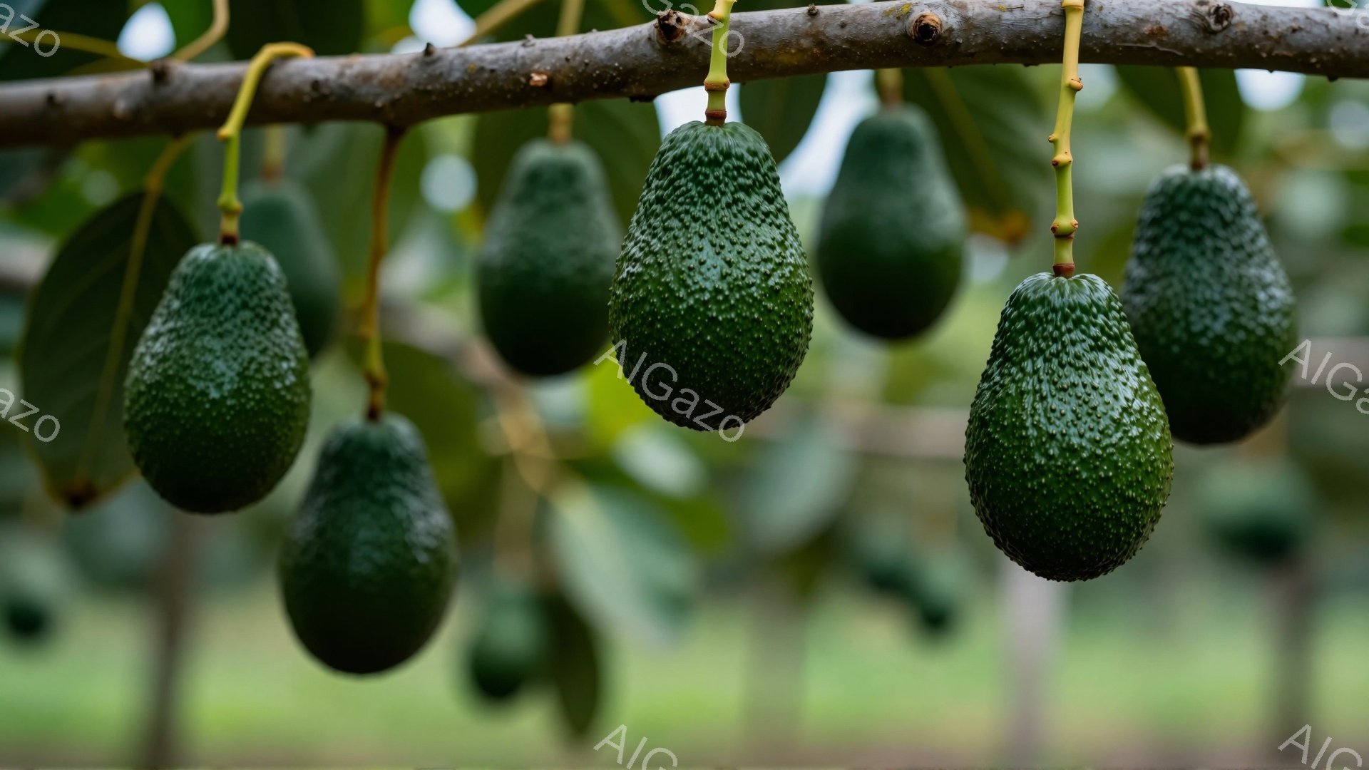 濃い緑色のたくさんのアボカドが、木の枝に密集してぶら下がっている様子が捉えられています。背景にはぼやけた緑の葉が広がり、自然豊かな農園や庭園の一角であることがわかります。全体的に、実りの秋を思わせる穏 - AI生成フリー素材
