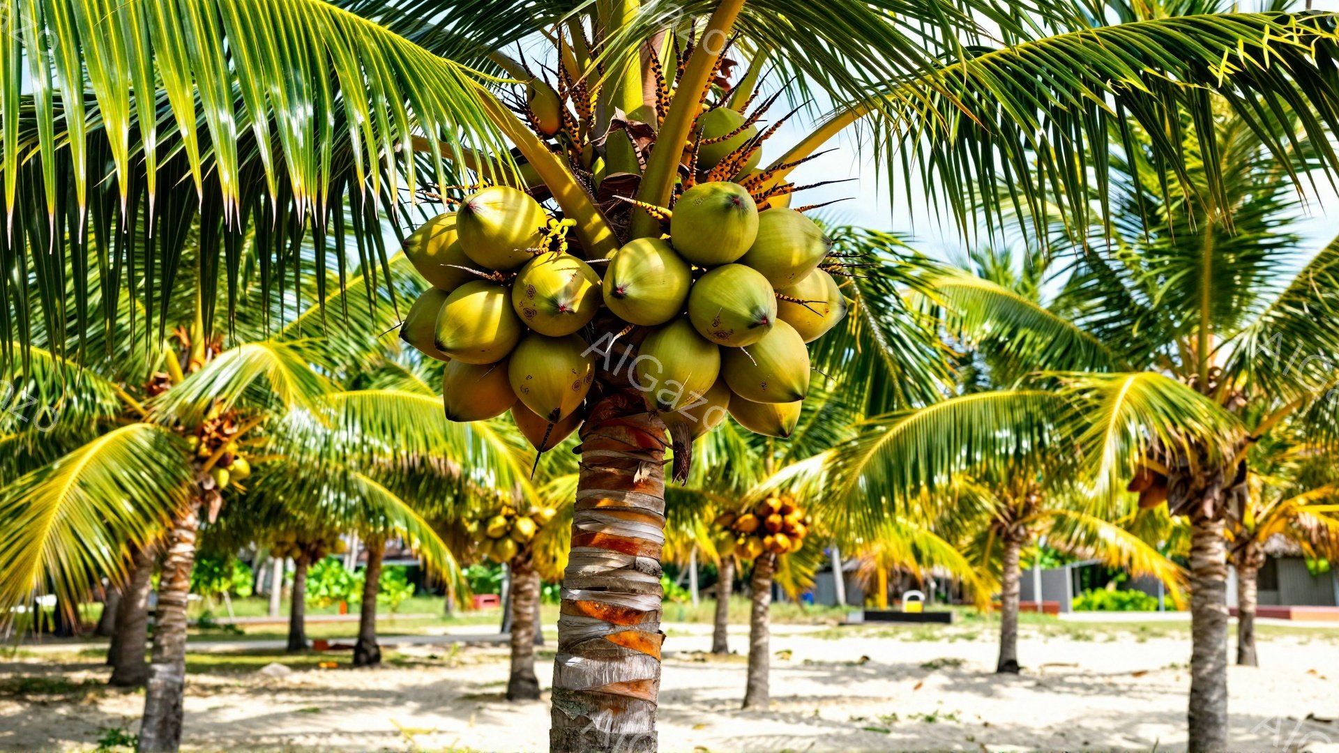 鮮やかな緑の葉とたくさんのココナッツが実ったヤシの木が中央に大きく描かれています。背景には砂浜と、わずかに見える建物や植物があり、晴天で穏やかな熱帯の雰囲気が伝わってきます。ヤシの木は強い日差しを浴び - AI生成フリー素材