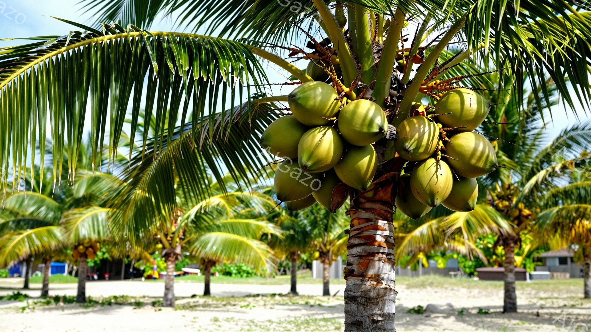 ココナッツの木が画面の中央にあり、たくさんの緑色のココナッツが密集して実っている様子が捉えられています。背景には、砂浜とヤシの木々が並び、遠くに建物が見え、晴天の空が広がっています。 全体的に、熱帯の - AI生成フリー素材