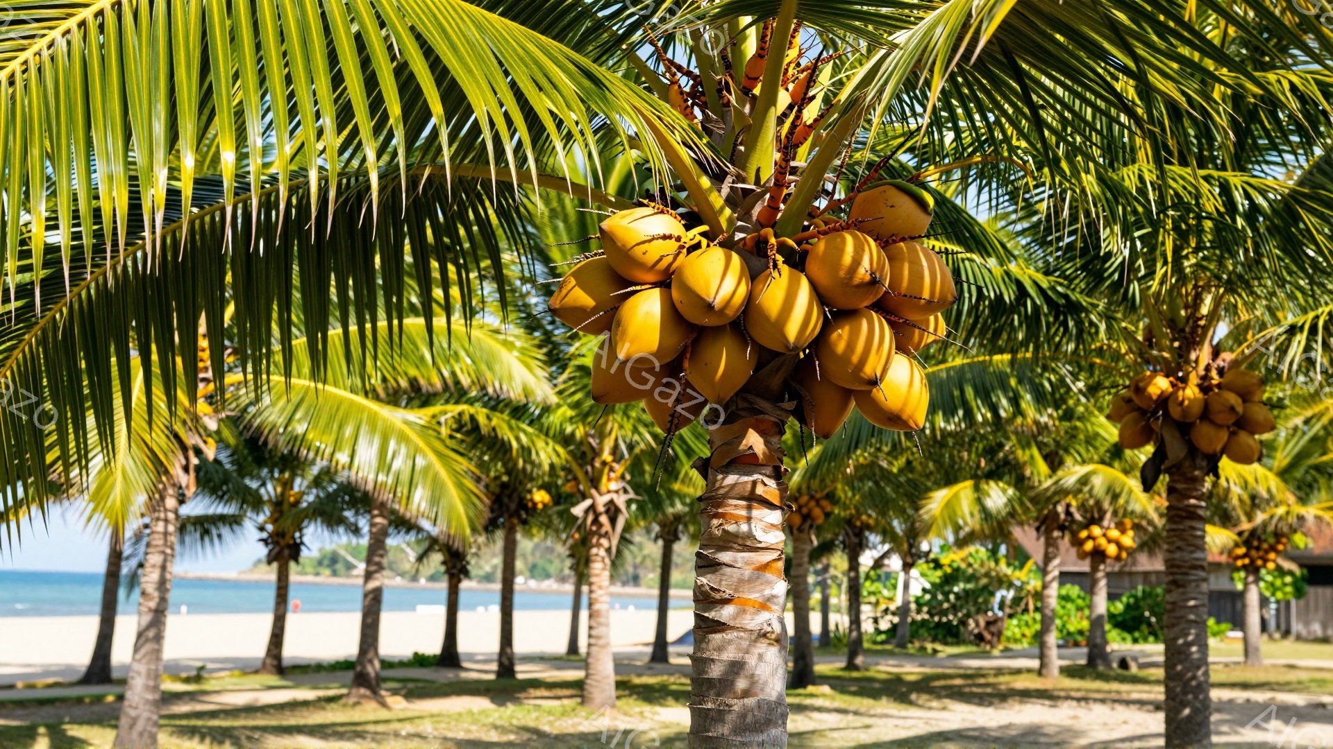 鮮やかな緑のヤシの木々が並び、多くの木には熟したココナッツの実が密集して実っている。背景には青い海と砂浜が広がり、穏やかな晴天のもと、リラックスした熱帯の雰囲気が漂っている。ヤシの木の幹は独特の模様を - AI生成フリー素材