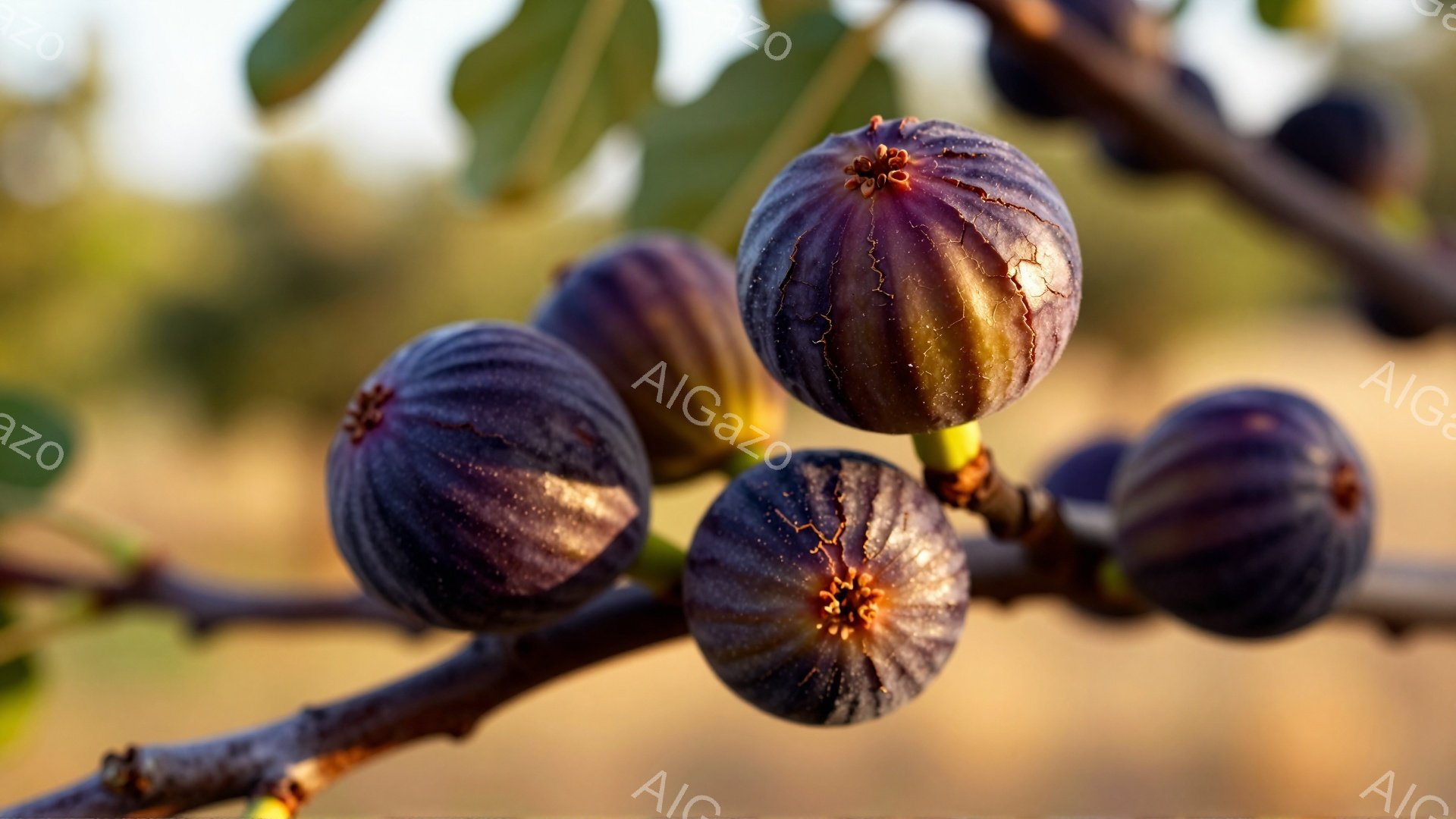 濃い紫色をしたイチジクが枝に実り、まるで宝石のように輝いている。背景は温かい夕日の光に照らされたぼやけた自然で、穏やかで静謐な雰囲気を醸し出している。イチジクの表面には細かいシワや凹凸があり、自然の生命力を感じさせる。