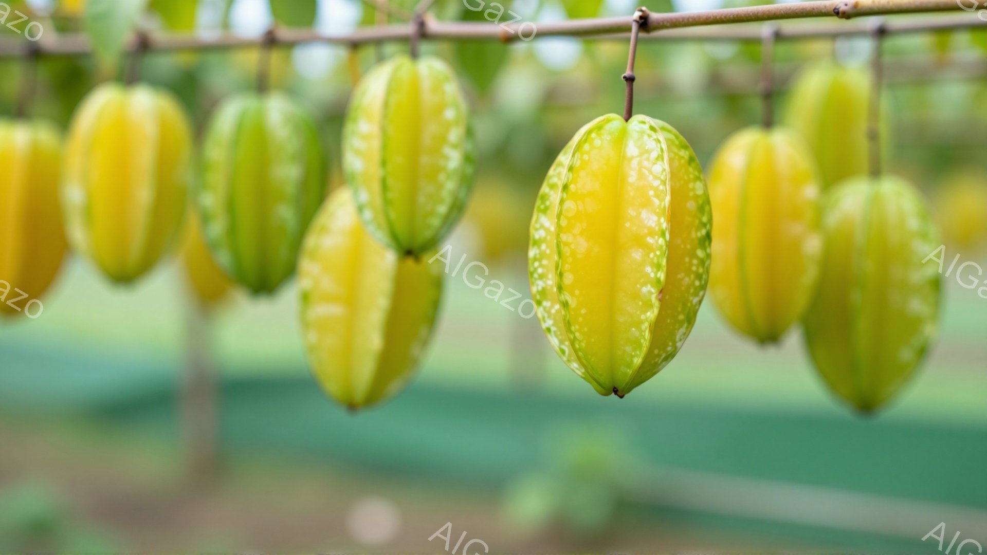 画像には星形の断面を持つカラフルなスターフルーツが、枝からぶら下がって並んでいます。背景には緑色のシートが敷かれており、明るい光の中で果実が際立っています。全体的に、新鮮で自然な雰囲気の、収穫を思わせる鮮やかな画像です。