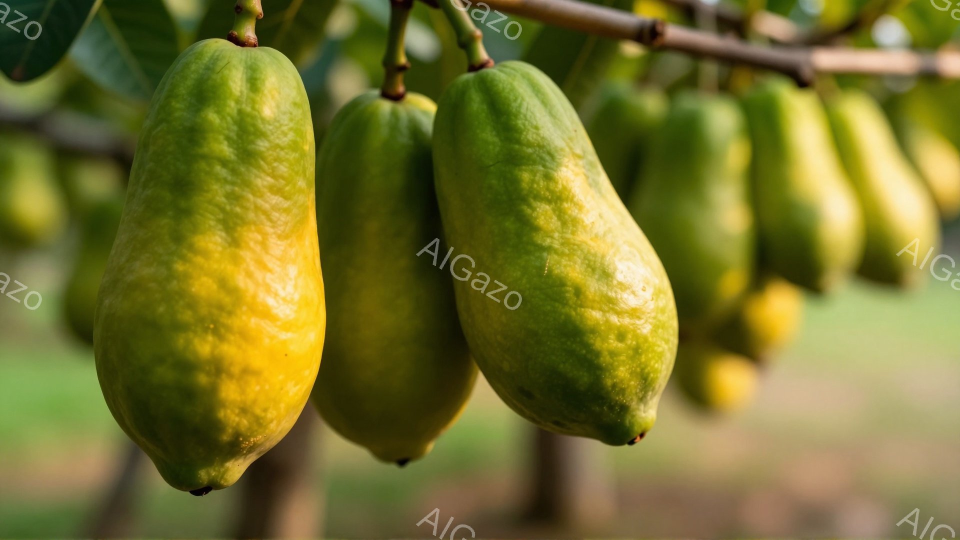 画像には、緑色の未熟なマンゴーが枝に密集してぶら下がっている様子が写っている。マンゴーはまだ緑色で、成熟していないことがわかるが、全体的に丸みを帯びた形をしており、太陽の光を浴びてわずかに光沢がある。背景はぼやけた緑色で、葉が生い茂っている木々があることがうかがえ、穏やかで自然な雰囲気である。