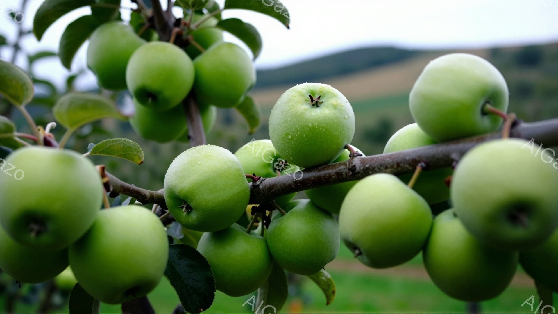 青リンゴが枝に密集して実っている様子が捉えられています。葉っぱも瑞々しく、全体的に青々とした緑色で、雨上がりのような水滴が光っています。背景には、ぼやけた緑色の田園風景が広がり、穏やかで爽やかな雰囲気を醸し出しています。