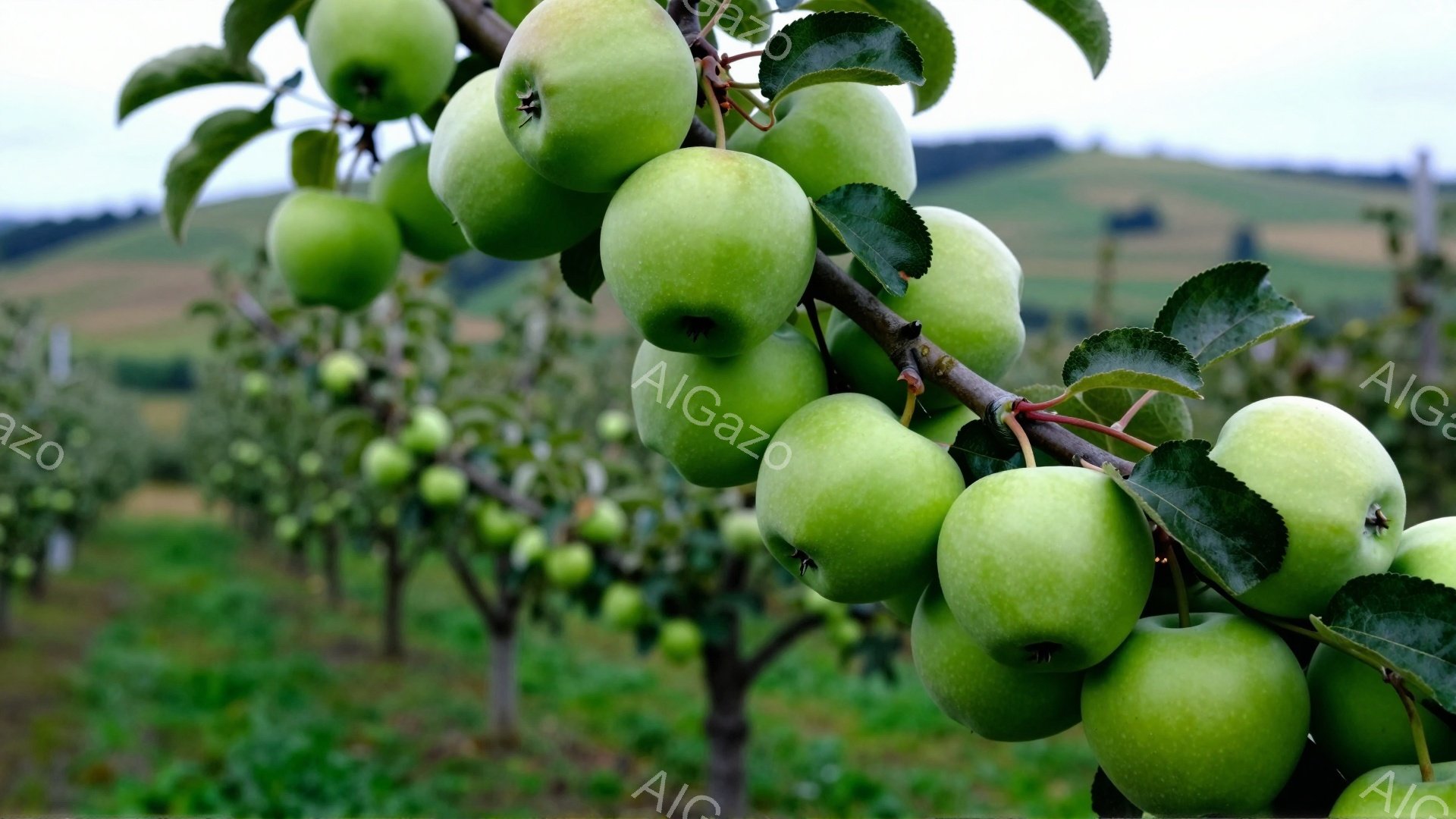 画像は、リンゴ園のリンゴの木に実った青リンゴをクローズアップで捉えています。青々としたリンゴは葉に囲まれ、枝に密集してぶら下がっており、背景には緑豊かな丘が広がっています。全体的に、自然の恵みが感じら - AI生成フリー素材