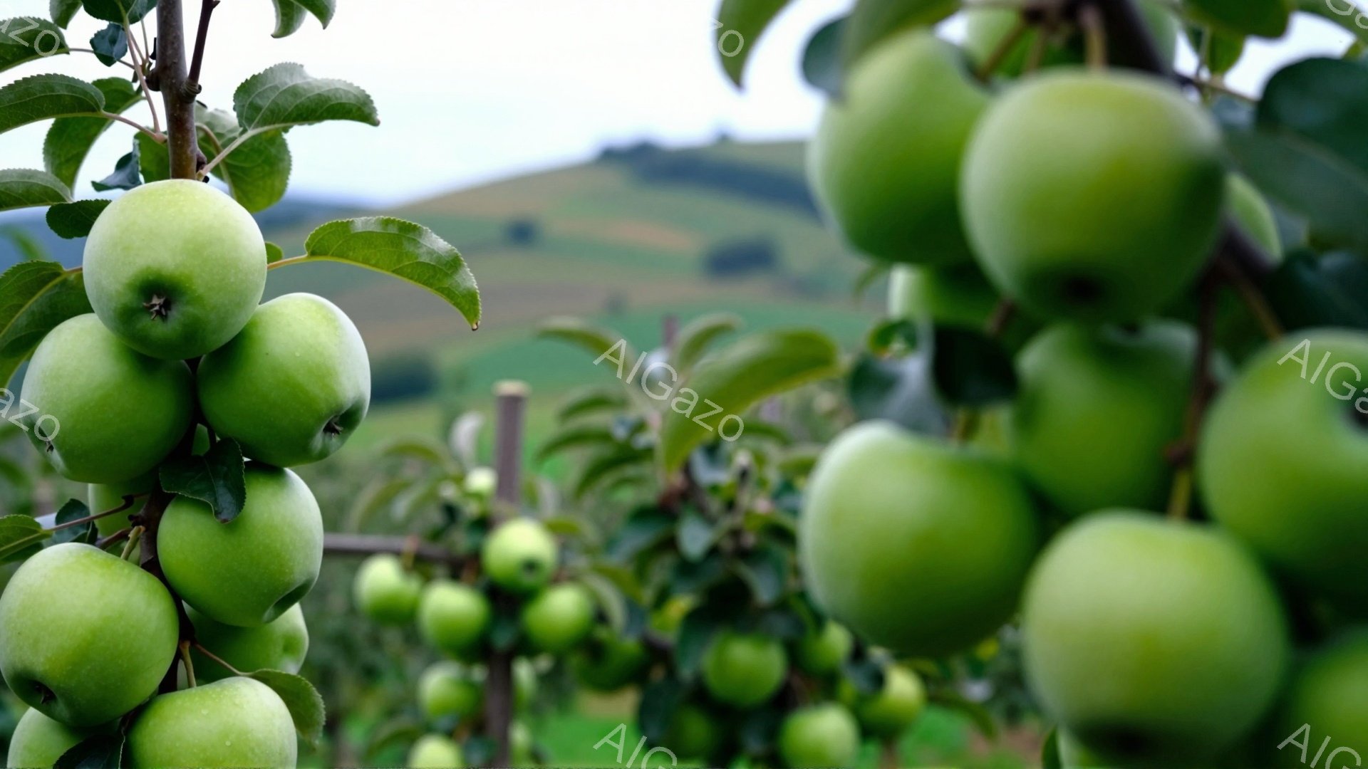 リンゴが密集して枝に実っており、緑色のリンゴが鮮やかに見えます。背景には穏やかな丘陵地帯が広がり、晴れた日の穏やかな雰囲気が漂っています。リンゴの葉は瑞々しく、実の緑色を引き立てています。