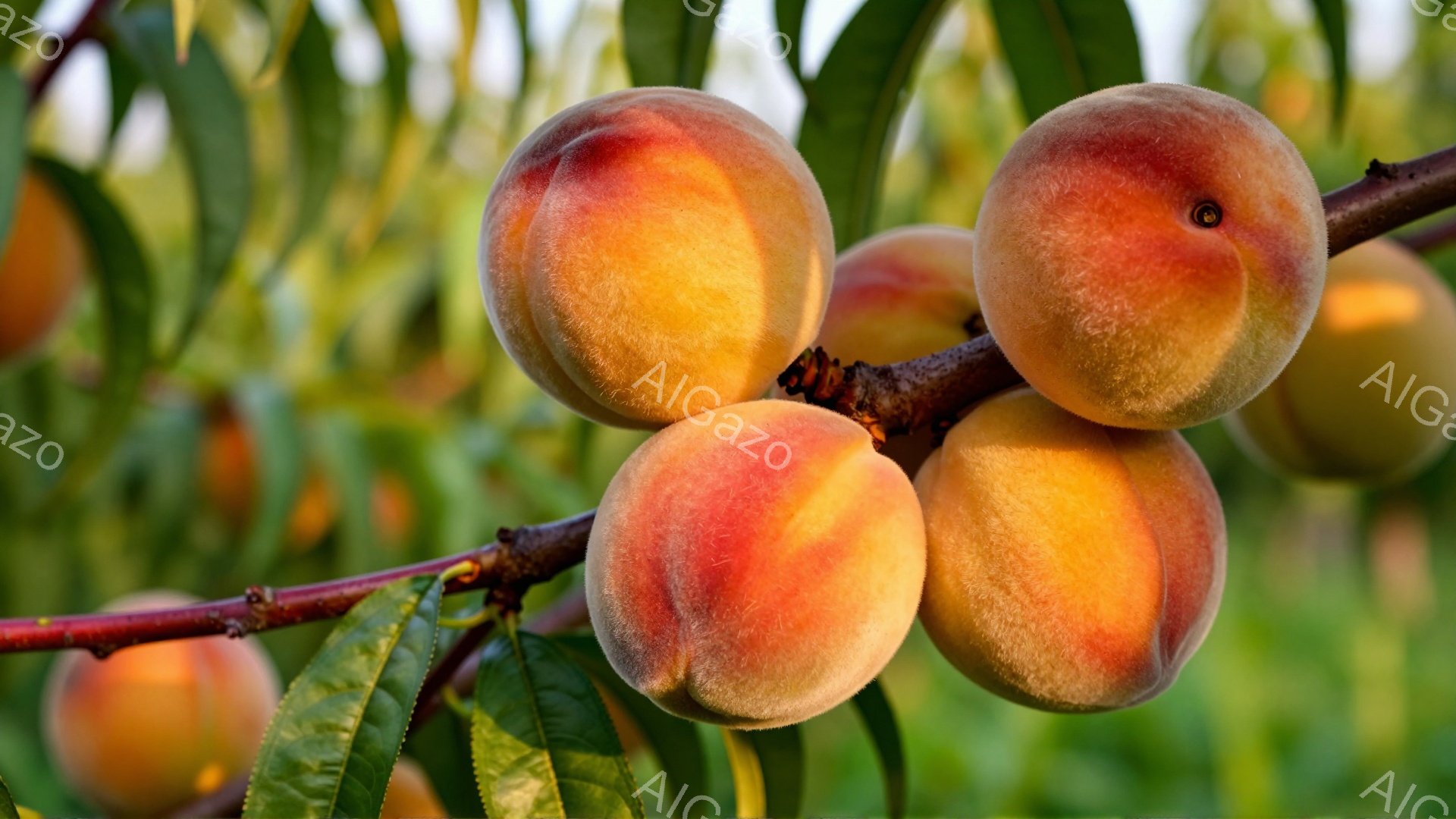 鮮やかな緑の葉に囲まれ、熟した桃が枝に実っています。桃は赤とオレンジのグラデーションで、光沢があり、みずみずしい様子が伝わってきます。背景には他の桃や緑豊かな葉がぼやけて見え、夏の太陽の下で実った桃の - AI生成フリー素材