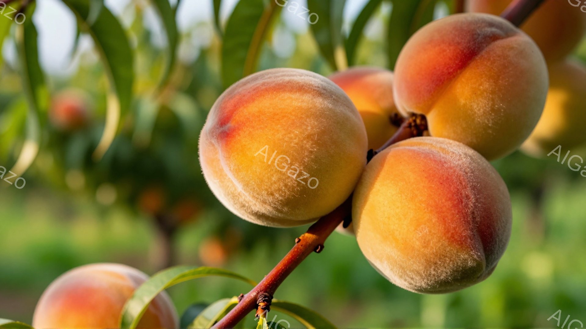 桃が枝に実っている様子が鮮やかに写っている。桃は赤とオレンジのグラデーションで、表面はうぶ毛で覆われている。背景には緑豊かな葉っぱとぼやけた緑色が広がり、太陽の光が差し込んで暖かく穏やかな雰囲気を醸し - AI生成フリー素材