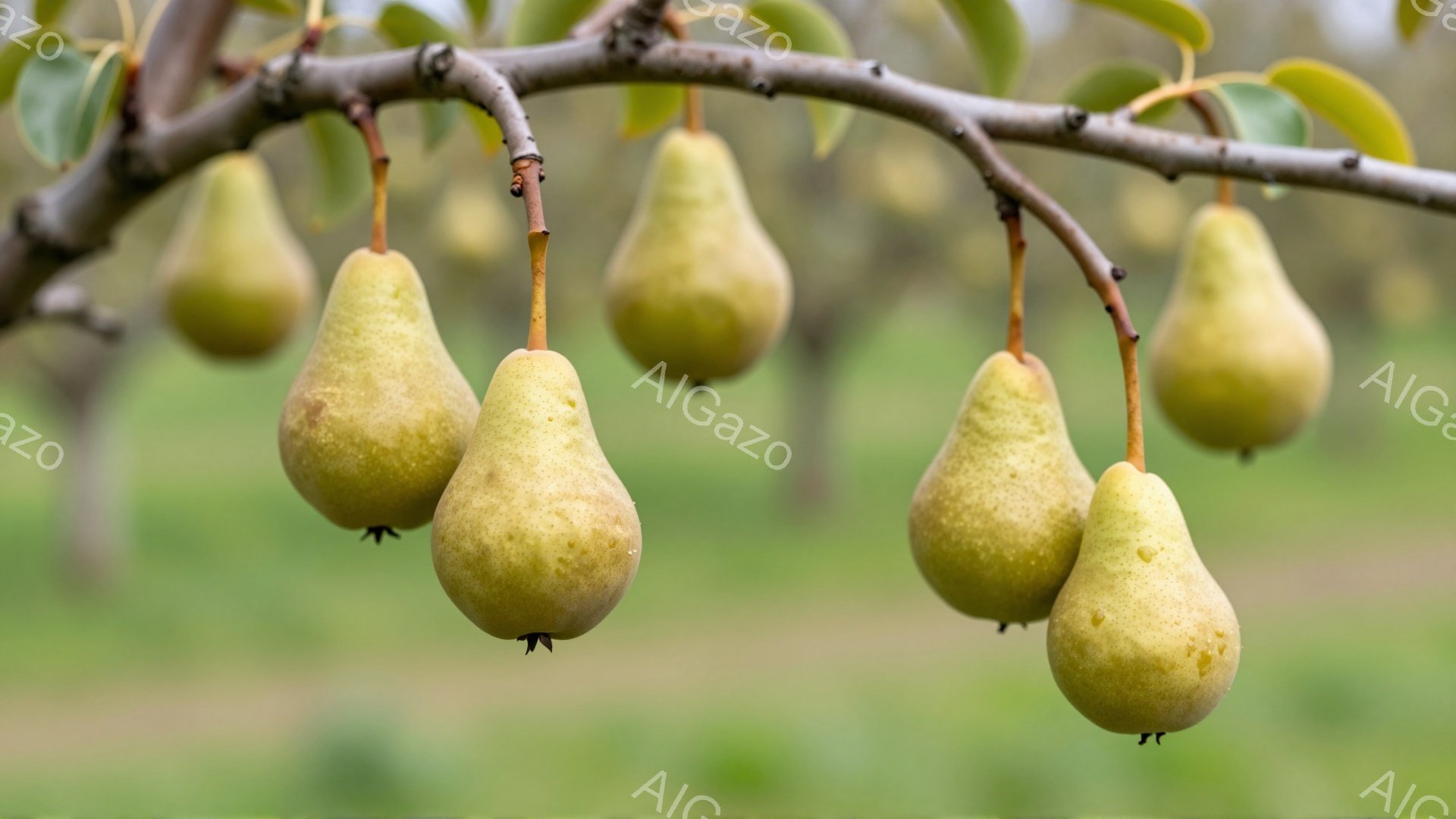 梨が枝に実っている様子が捉えられています。青みがかった黄色い梨は、まだ少し緑が残っており、みずみずしさを感じさせます。背景は緑色のぼやけた風景で、穏やかで自然な雰囲気を醸し出しています。