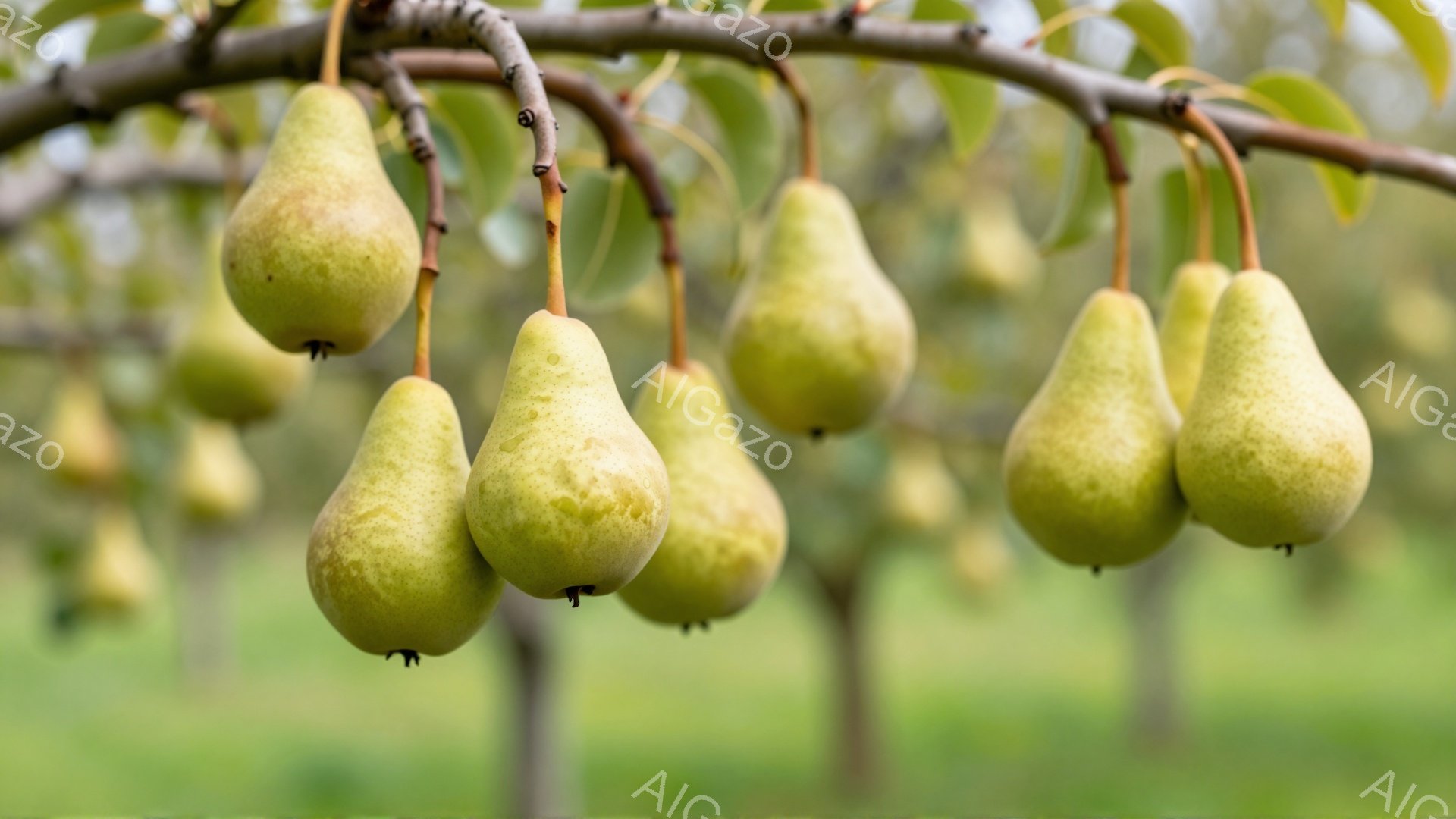 柔らかい緑色の梨が枝に密集してぶら下がっており、その表面には小さな斑点が見られます。背景はぼやけた緑色で、おそらく果樹園の木々や葉が生い茂っている様子が伺えます。全体的に、穏やかで自然な雰囲気があり、収穫の時期を予感させる静かな光景です。