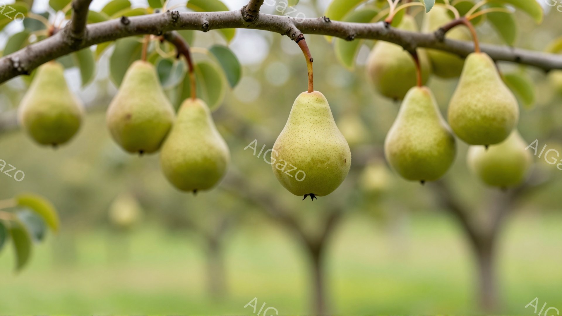 梨の木に実った緑色の梨が多数ぶら下がっている様子が写っている。背景は柔らかい緑色の草地とぼやけた木々が広がり、穏やかな自然の雰囲気を醸し出している。梨はつややかでみずみずしく、秋の収穫の喜びを感じさせる。