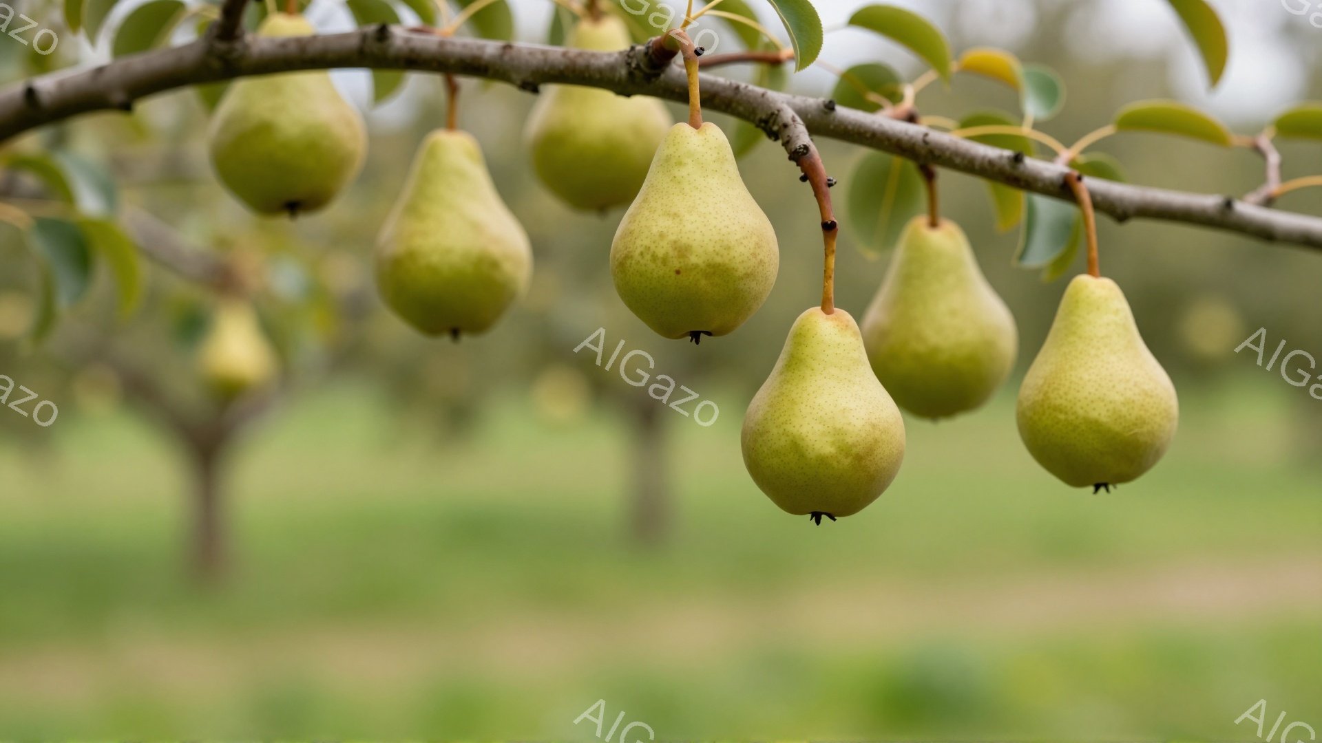 画像には、枝に実った梨がいくつか見られます。梨は緑がかった黄色で、丸みを帯びた形をしています。背景はぼやけた緑色で、おそらく果樹園の風景でしょう。