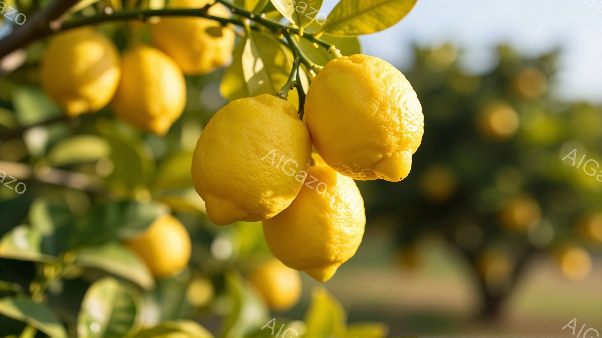 鮮やかなレモンが枝に実っている様子が捉えられています。レモンの表面は滑らかで、光沢があり、背景にはぼやけた緑の葉と他のレモンの木々が見えます。全体的に、暖かく、穏やかで、自然豊かな雰囲気が漂っています。