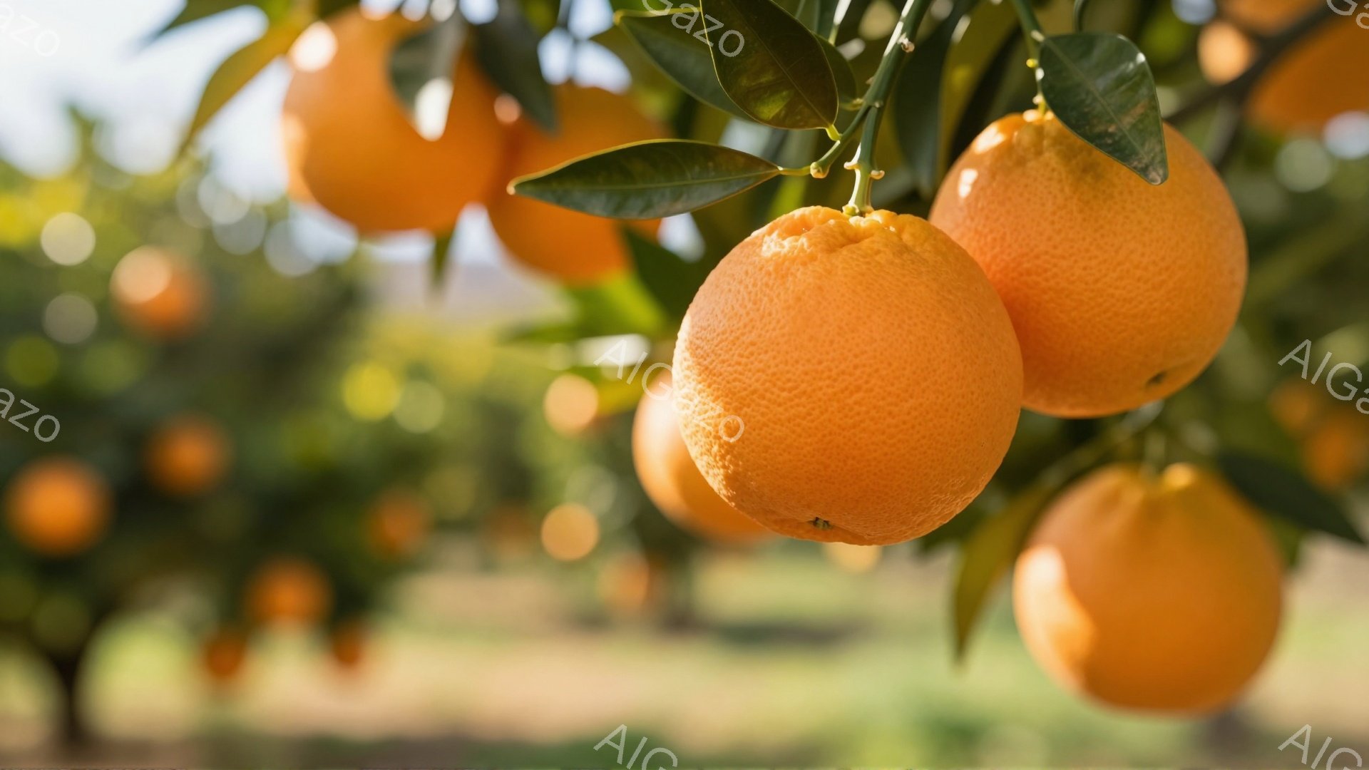 オレンジが枝にたくさん実っている様子が写っている。鮮やかなオレンジ色の果実は葉に囲まれ、太陽の光を浴びて瑞々しく輝いている。背景はぼやけており、オレンジ畑が広がる穏やかな風景がうかがえる。