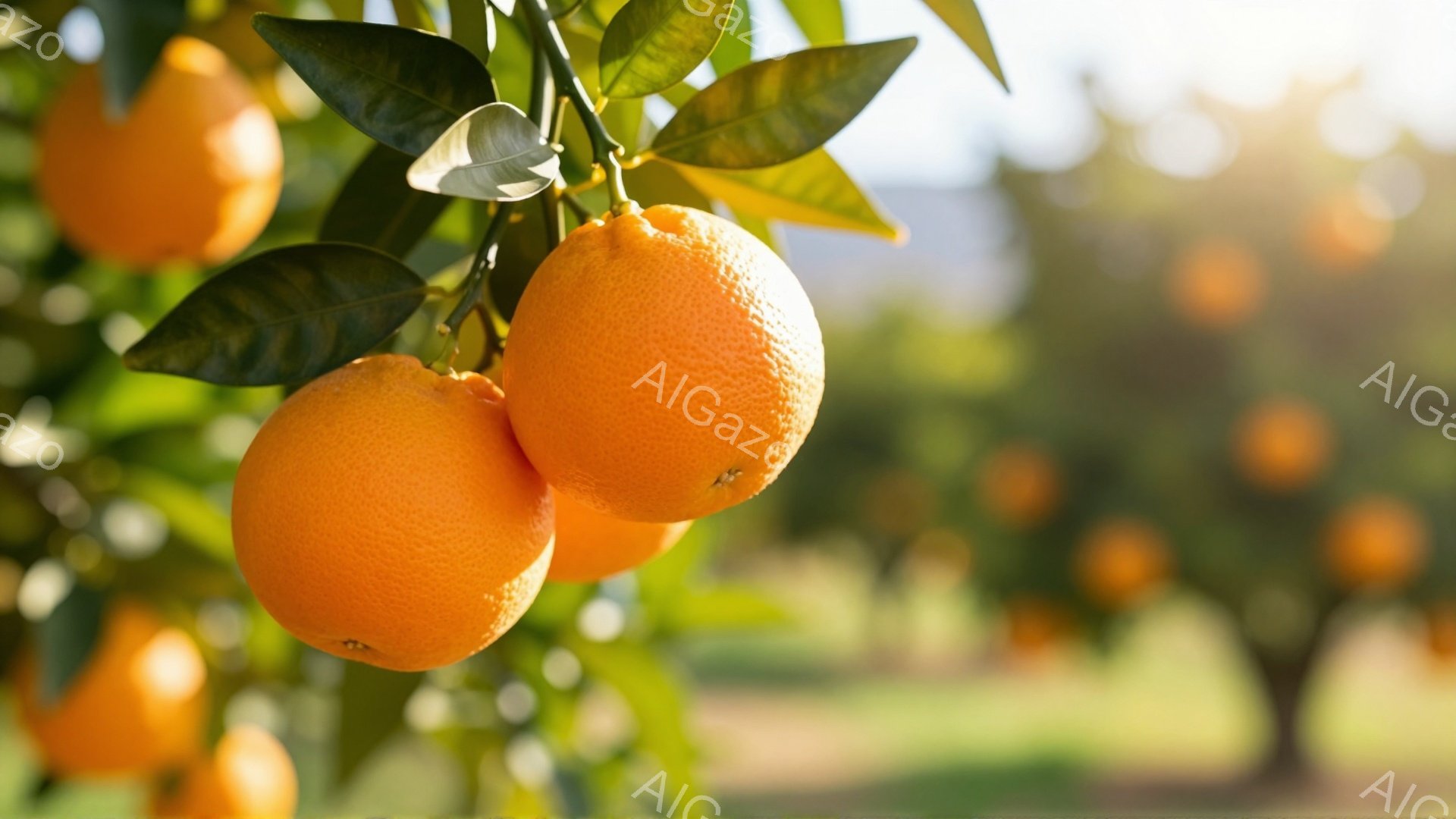 みかんが枝に実っている様子が捉えられています。鮮やかなオレンジ色の果実は葉に囲まれ、太陽の光を浴びて輝いています。背景には他のみかんの木々と緑豊かな風景が広がり、暖かく穏やかな雰囲気を醸し出しています - AI生成フリー素材