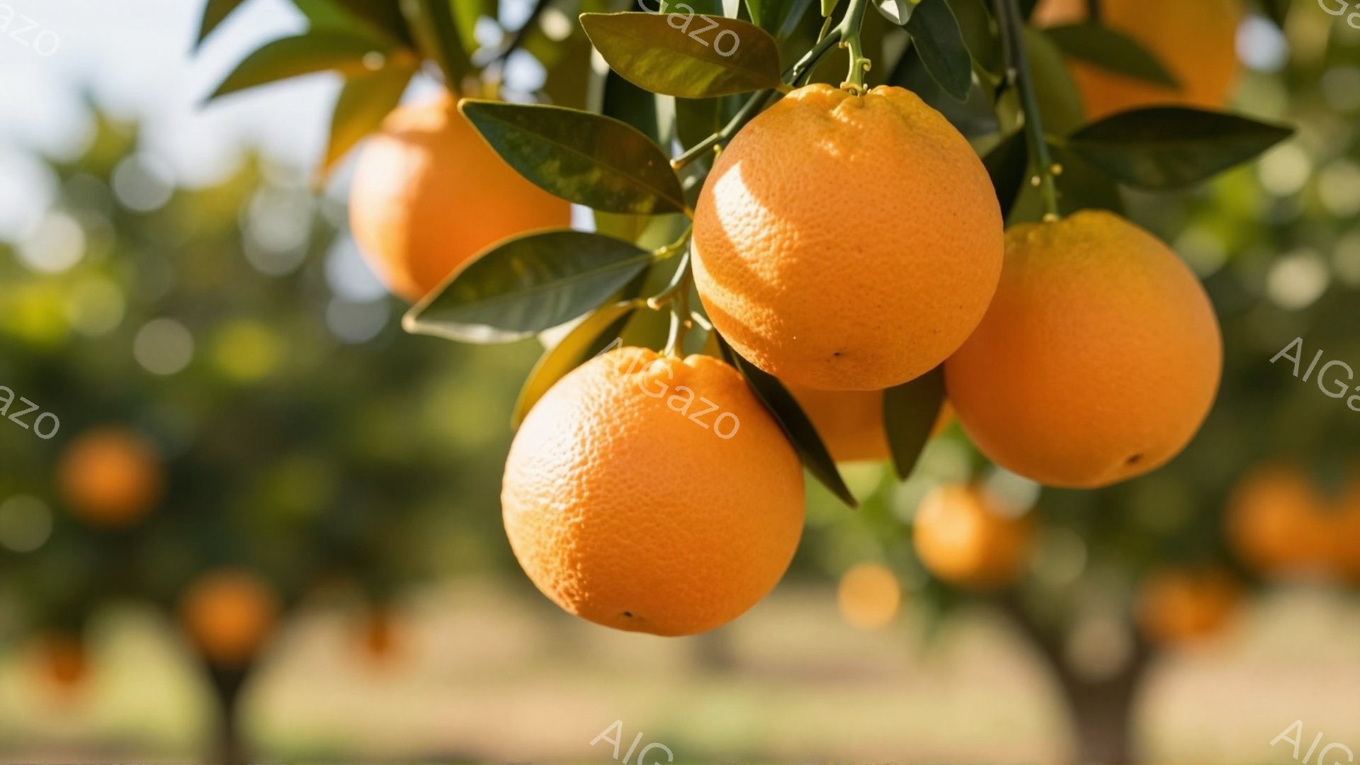 鮮やかなオレンジ色の柑橘類が、緑の葉に囲まれて枝に実っています。背景にはぼやけたオレンジ園が広がり、穏やかで暖かい日差しが差し込んでいます。全体的に豊かで自然な雰囲気が漂い、実りの秋を思わせる情景です - AI生成フリー素材