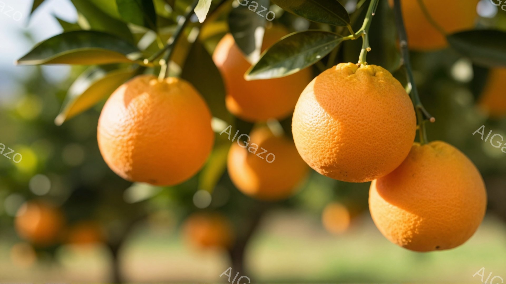 オレンジが木に実っている様子を捉えた写真です。鮮やかなオレンジ色の果実が緑の葉に囲まれ、太陽の光を浴びて輝いています。背景にはぼやけた緑の木々が見え、暖かく穏やかな雰囲気を醸し出しています。
