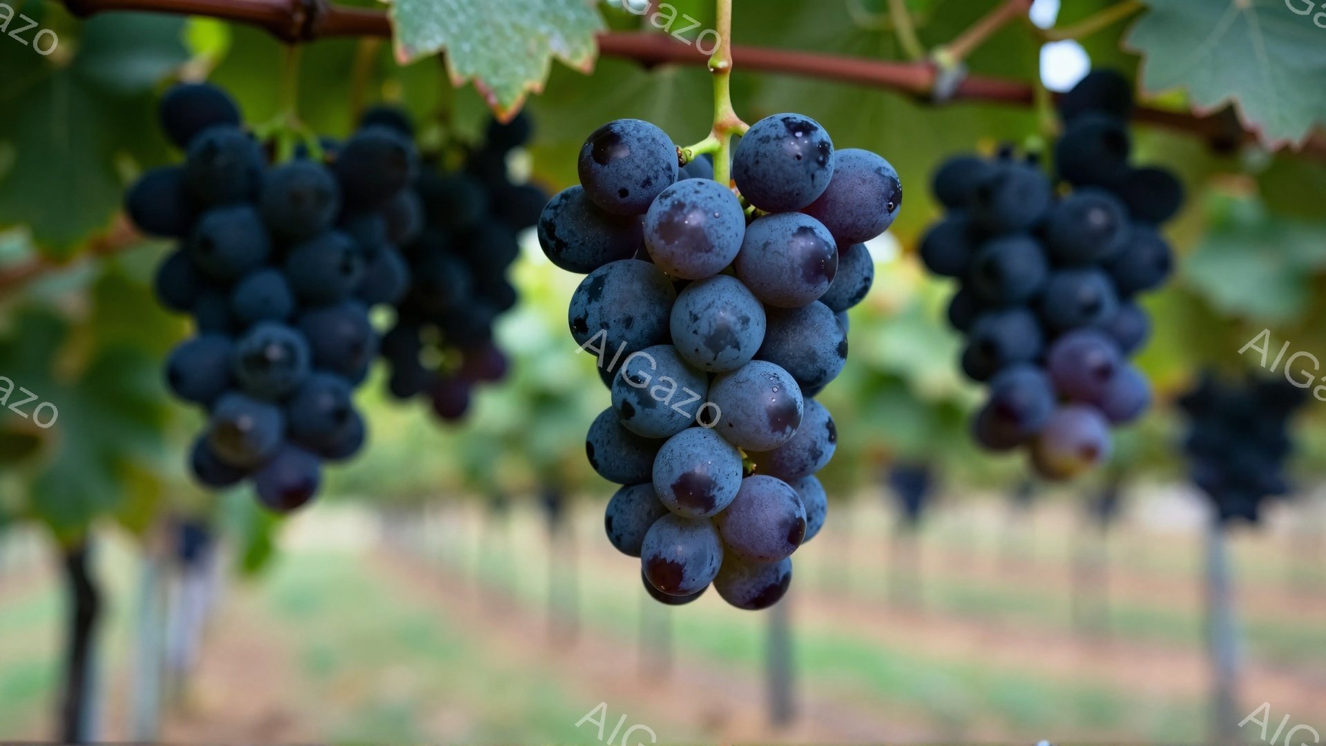 鮮やかな緑の葉に囲まれた、熟した紫色のぶどうが密集してぶら下がっている。背景には緑豊かな自然が広がり、ぼんやりと他のブドウの木々が見える。全体的に、豊かで自然な恵みを感じさせる、穏やかな雰囲気の写真で - AI生成フリー素材