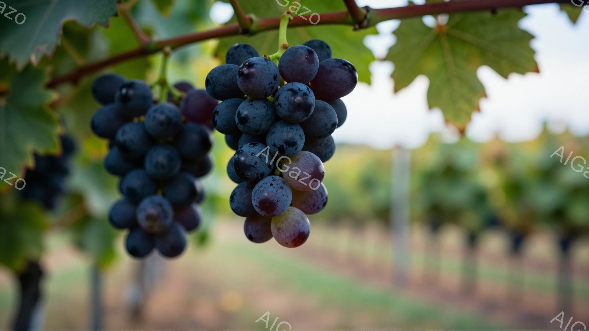 濃い紫色のブドウの房が、緑の葉に囲まれてぶら下がっている。背景には、規則的に並んだブドウ畑が広がり、かすかに霞んだ空が広がる穏やかな風景が広がっている。全体的に、豊穣な秋の収穫を予感させる、落ち着いた - AI生成フリー素材