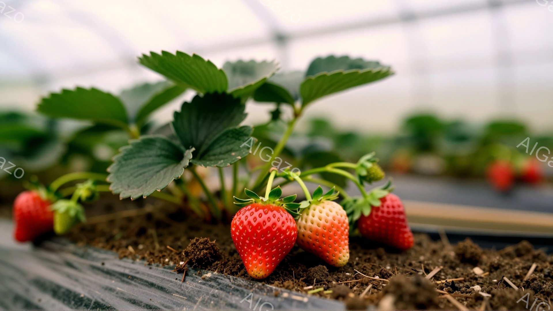 赤く熟したイチゴが土の上に並び、緑色の葉が背景を彩っています。イチゴは栽培用のビニールシートの上、黒土に植えられており、栽培ハウス内の様子が伺えます。全体的に暖かく、収穫の喜びを感じさせる雰囲気です。